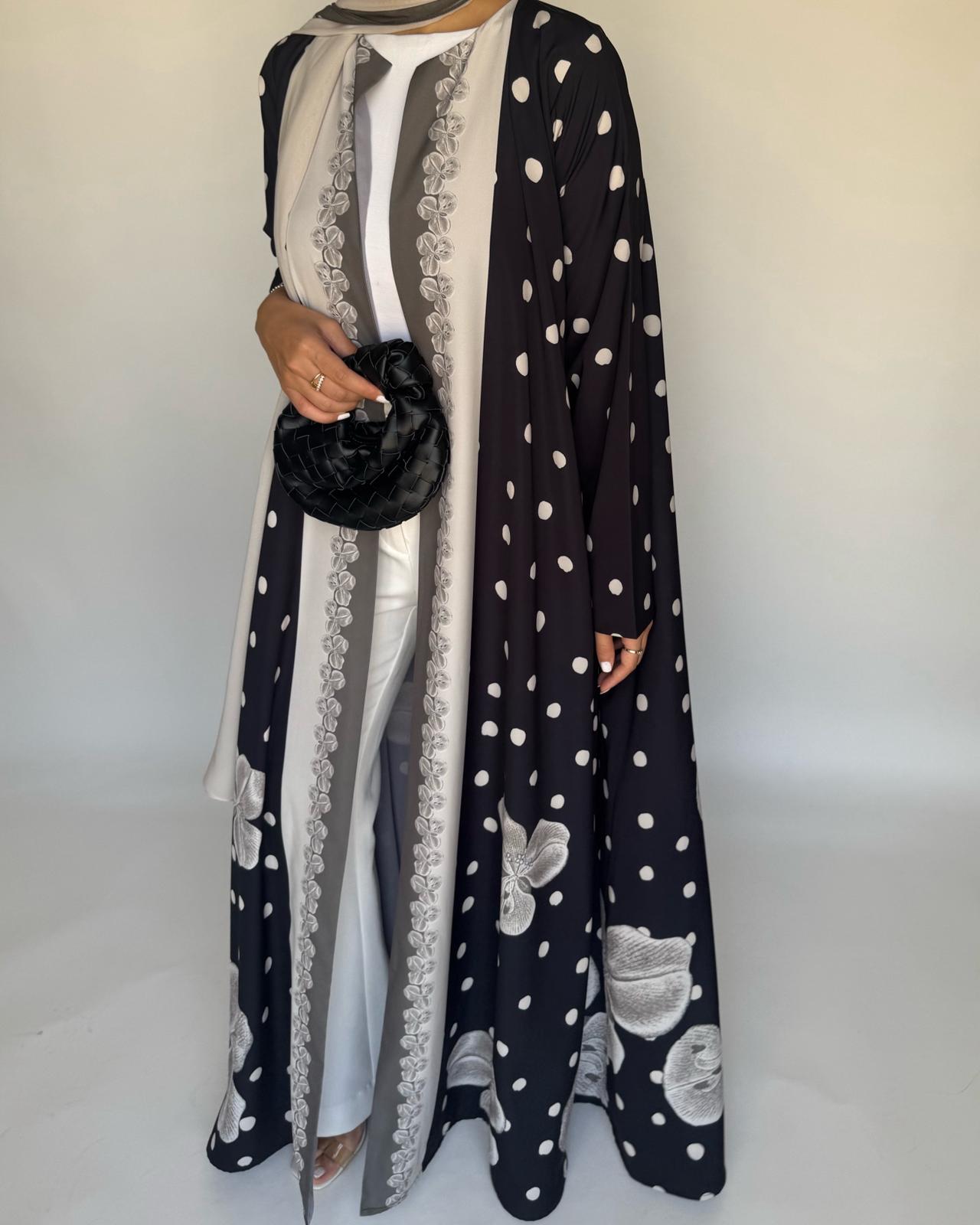 A472 - Black Polka Dot Flower A-Cut Crepe Abaya with Matching Head Scarf