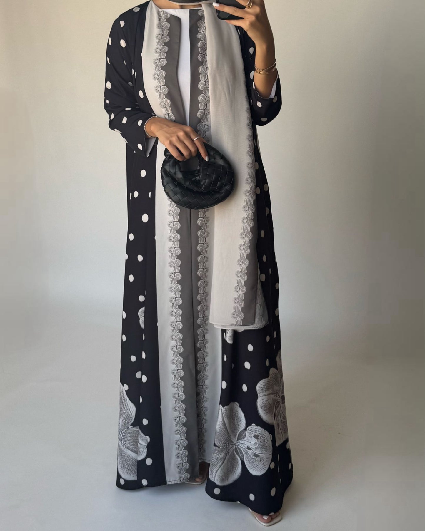 A472 - Black Polka Dot Flower A-Cut Crepe Abaya with Matching Head Scarf