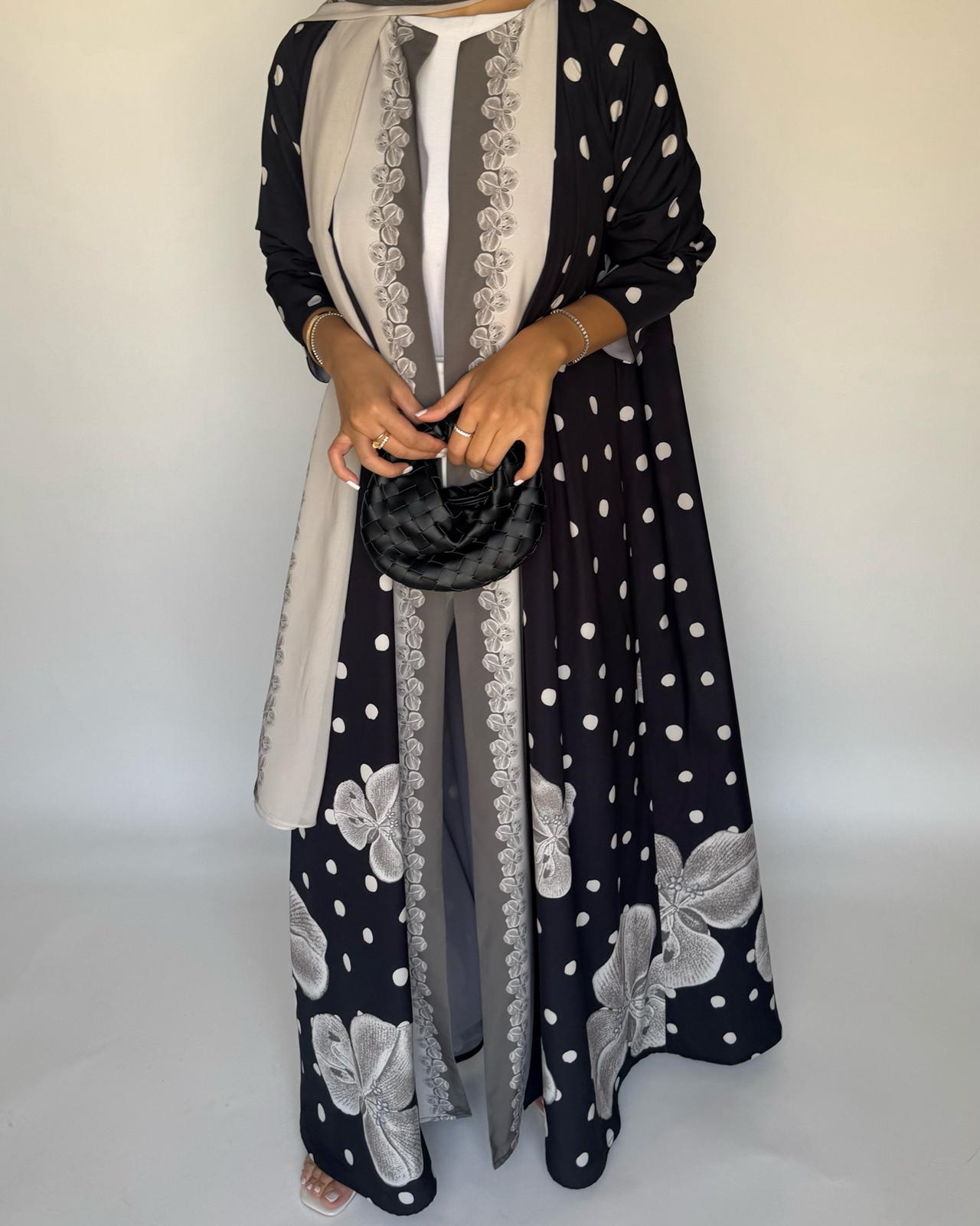 A472 - Black Polka Dot Flower A-Cut Crepe Abaya with Matching Head Scarf