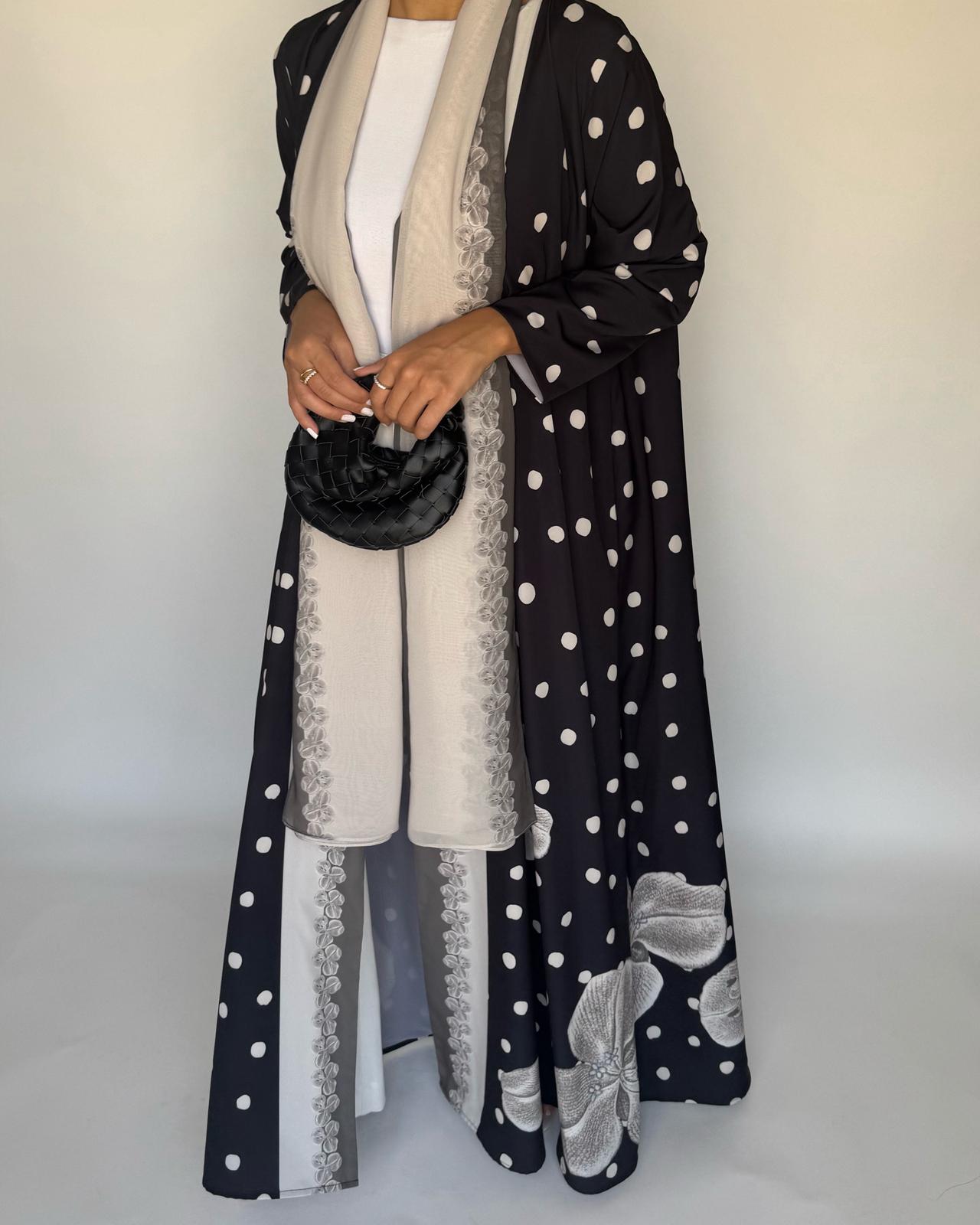 A472 - Black Polka Dot Flower A-Cut Crepe Abaya with Matching Head Scarf