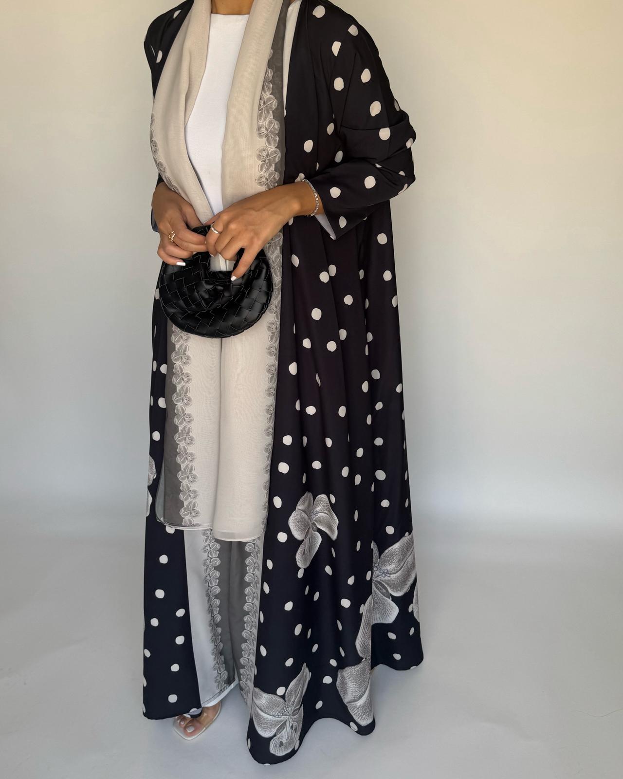 A472 - Black Polka Dot Flower A-Cut Crepe Abaya with Matching Head Scarf