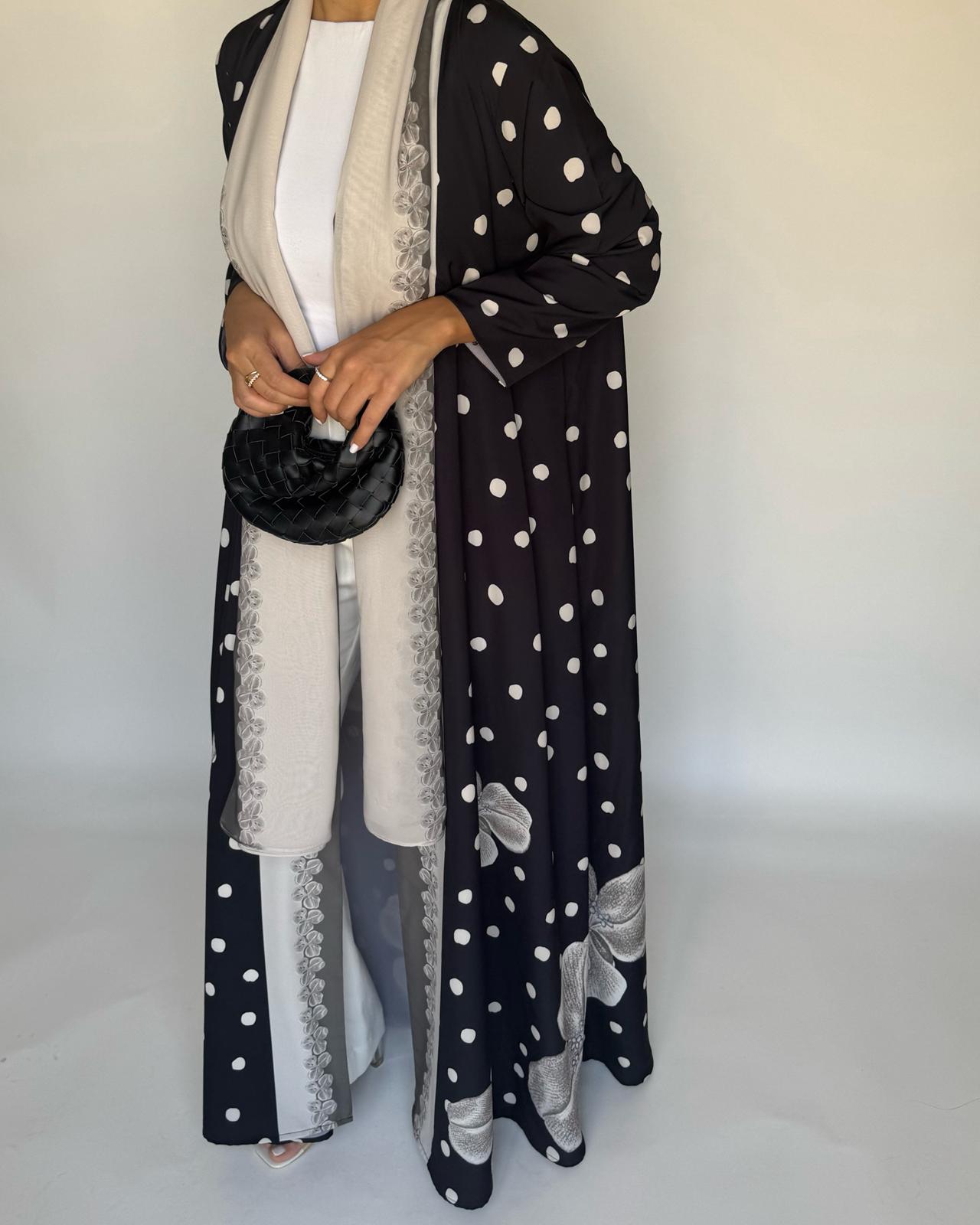 A472 - Black Polka Dot Flower A-Cut Crepe Abaya with Matching Head Scarf