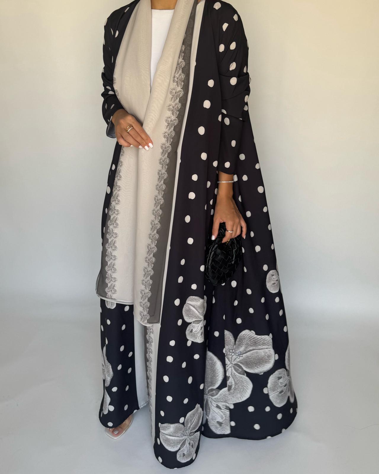 A472 - Black Polka Dot Flower A-Cut Crepe Abaya with Matching Head Scarf
