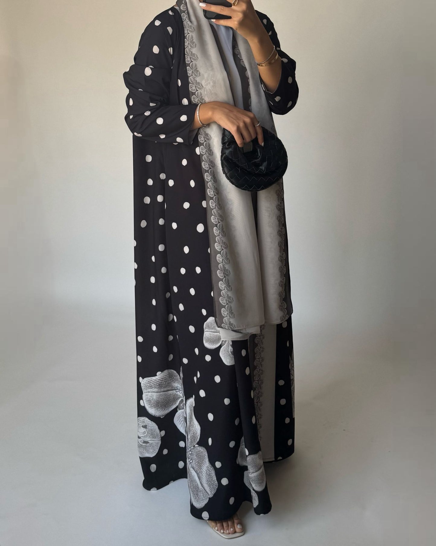 A472 - Black Polka Dot Flower A-Cut Crepe Abaya with Matching Head Scarf