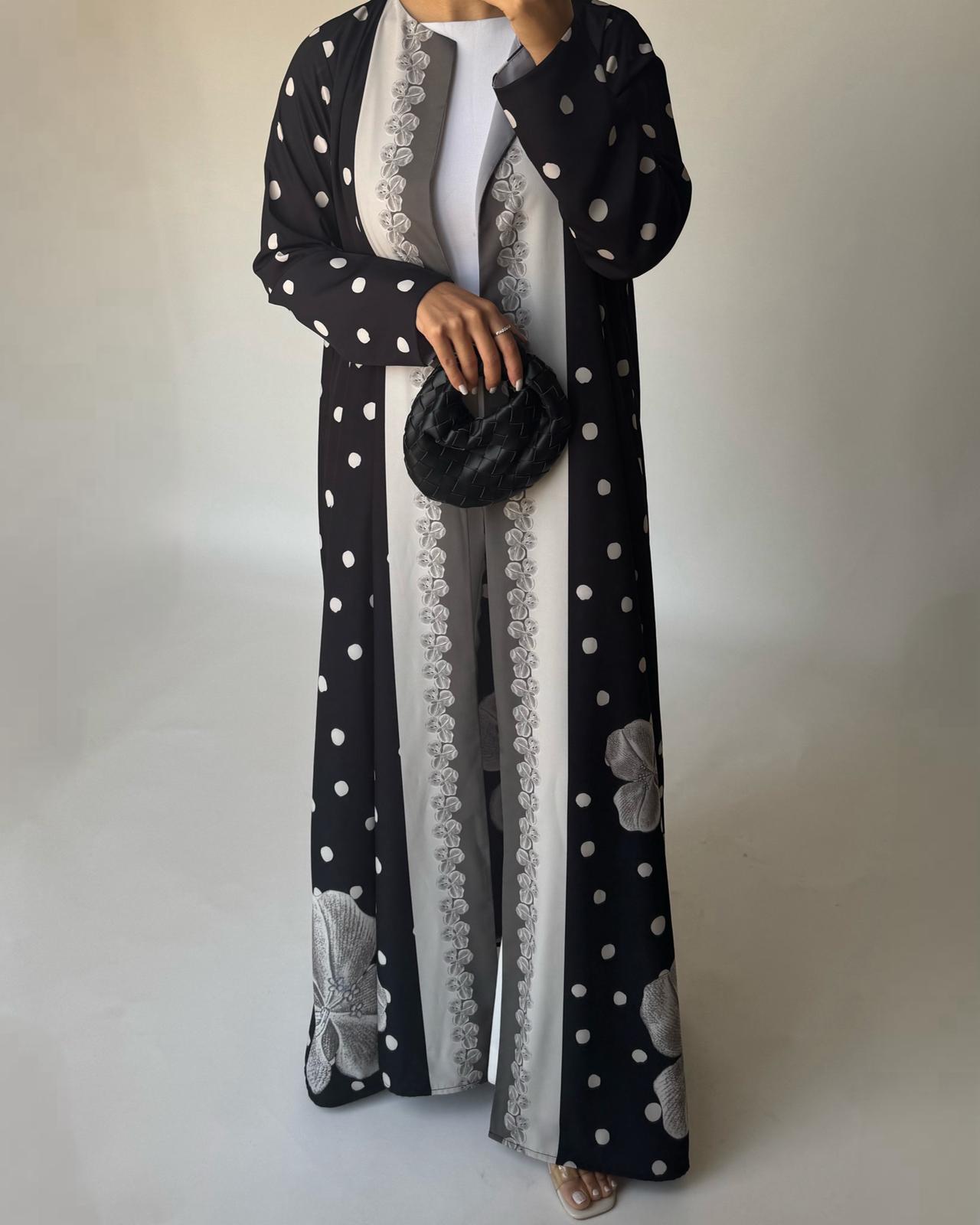 A472 - Black Polka Dot Flower A-Cut Crepe Abaya with Matching Head Scarf