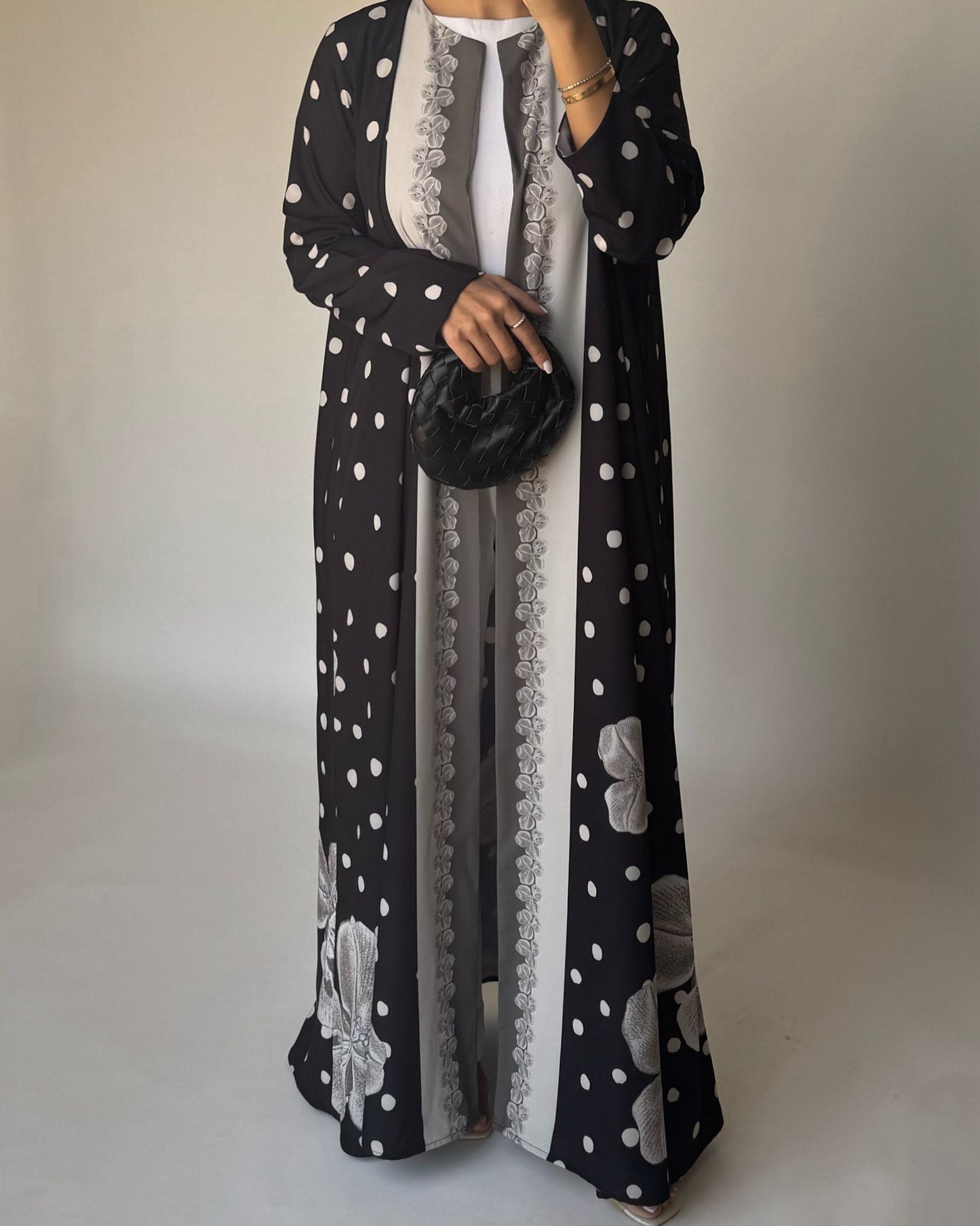 A472 - Black Polka Dot Flower A-Cut Crepe Abaya with Matching Head Scarf