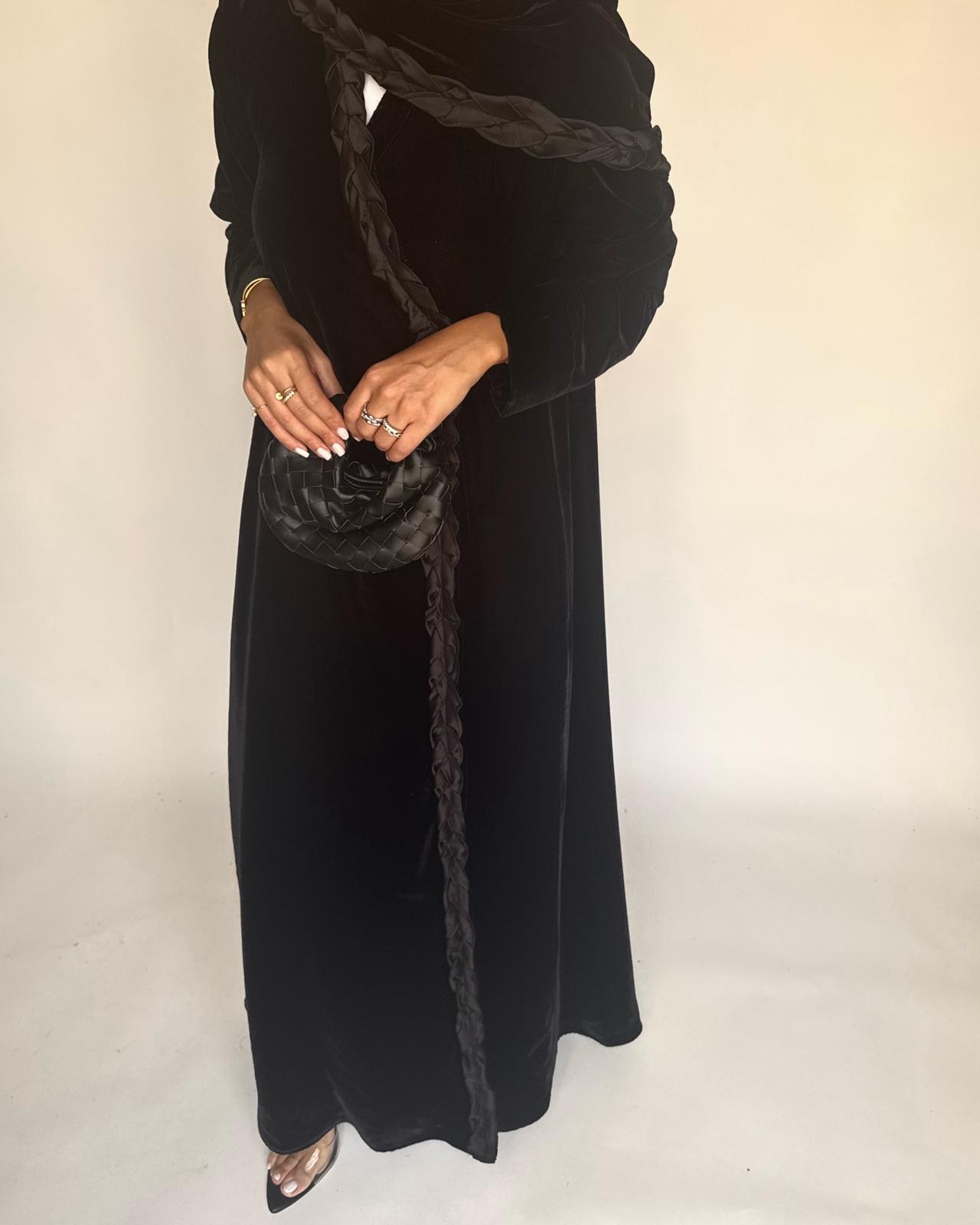 A478 - Black Braided Velvet Abaya with Matching Velvet Head Scarf