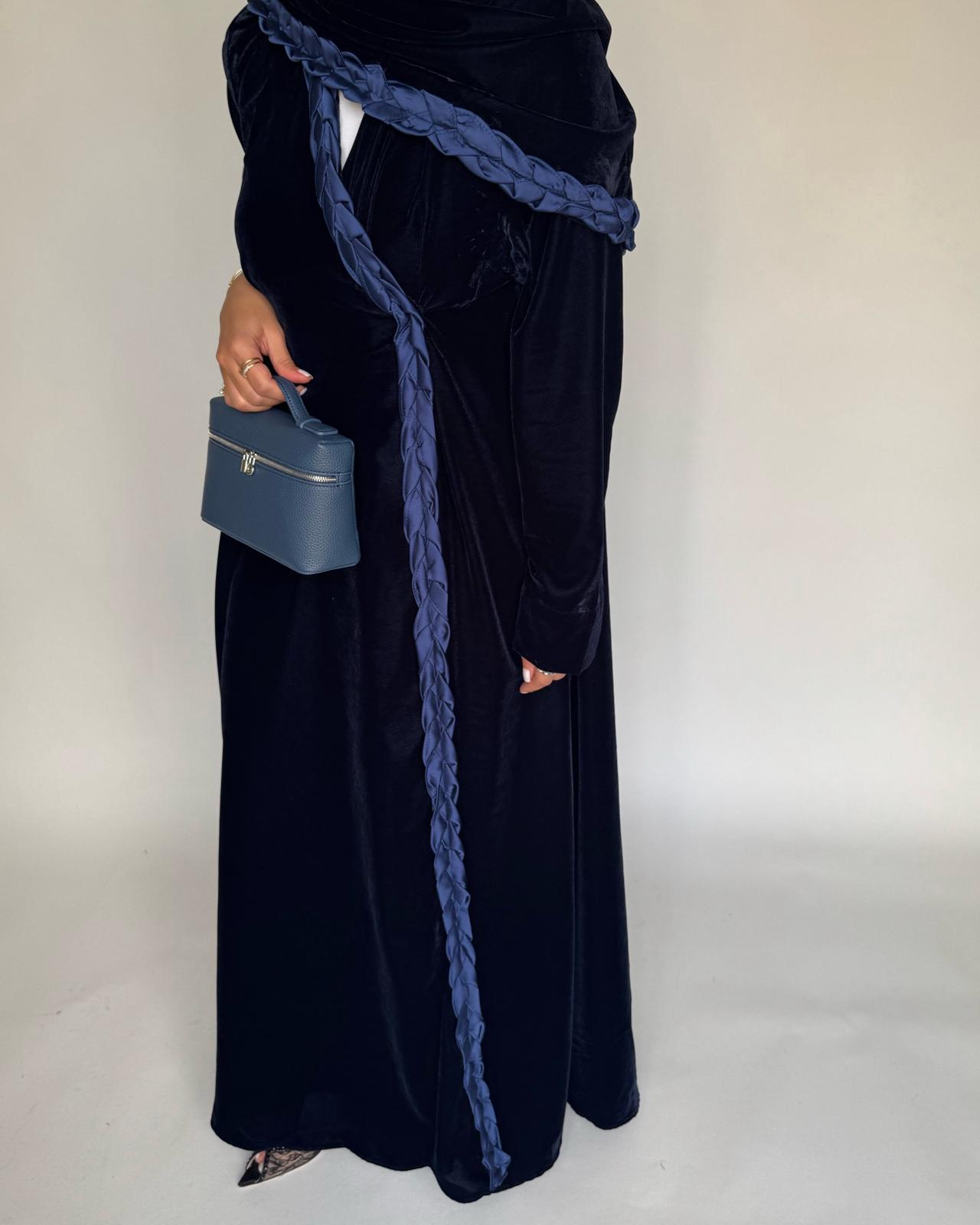 A474 - Navy Blue Braided Velvet Abaya with Matching Velvet Head Scarf