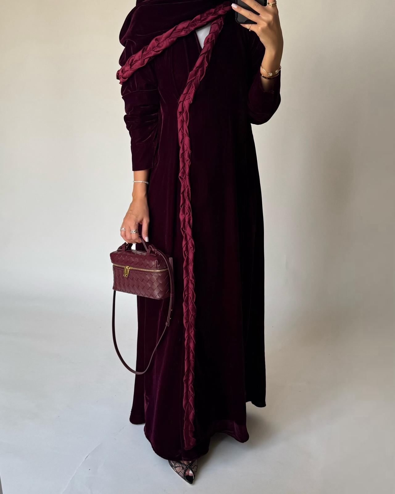A475 - Maroon Braided Velvet Abaya with Matching Velvet Head Scarf