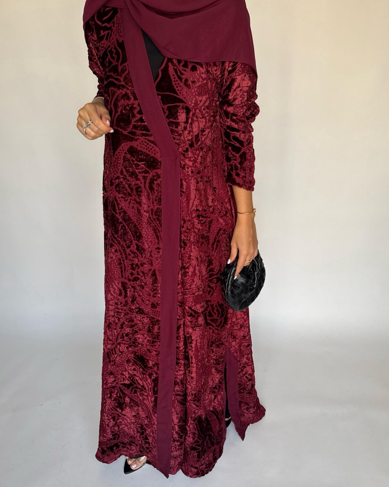 A481 - Maroon Pattern Velvet Abaya