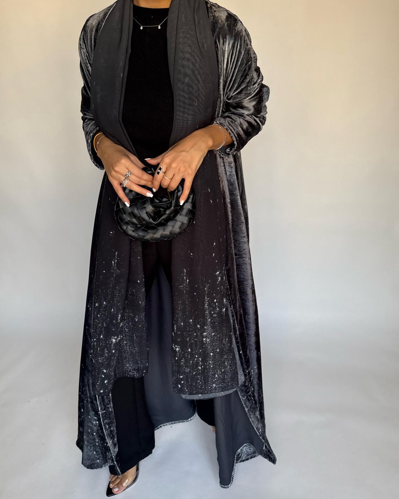 A497 - Galaxy Gray to Black Velvet Abaya & Matching Head Scarf