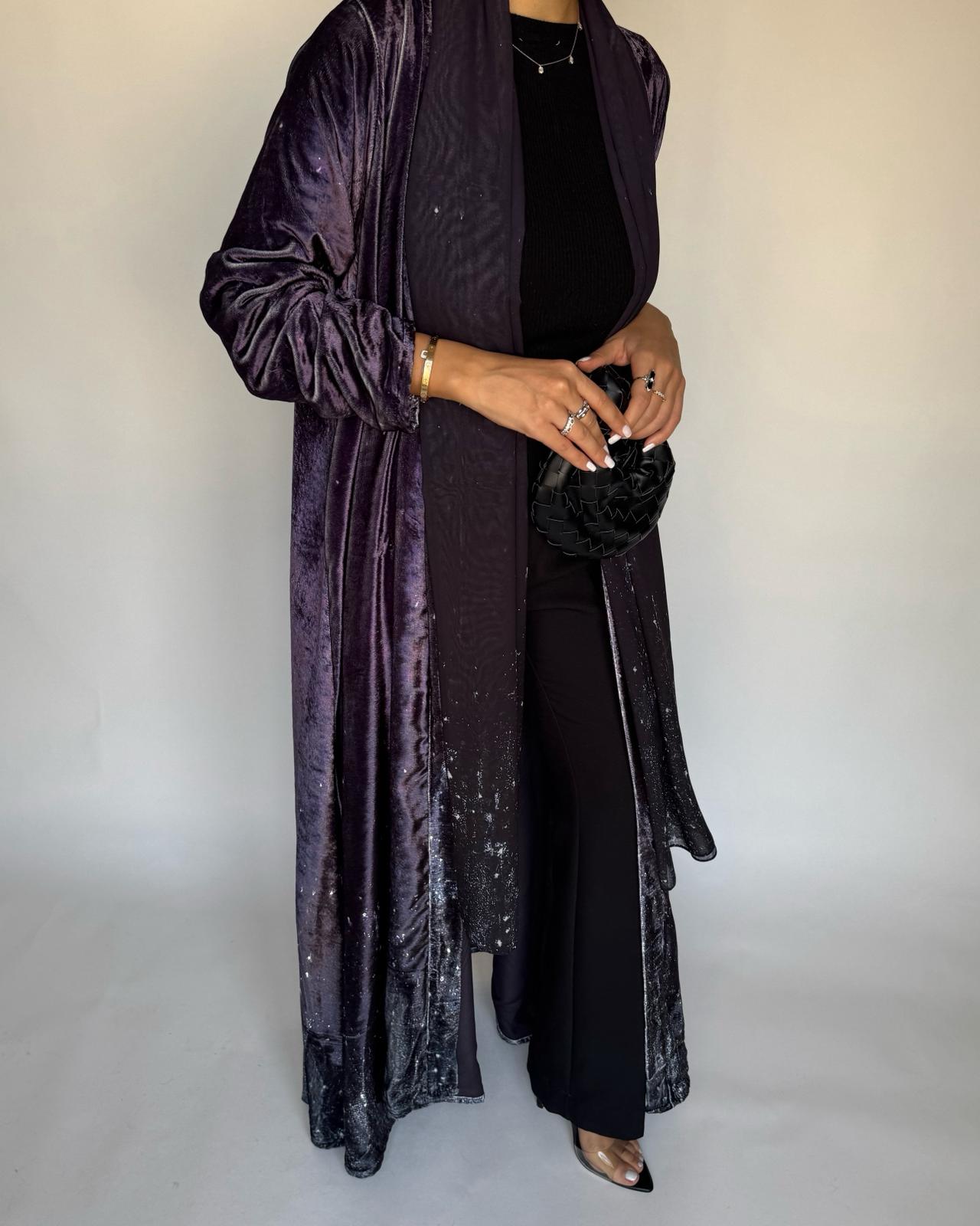 A496 - Galaxy Purple to Black Velvet Abaya & Matching Head Scarf