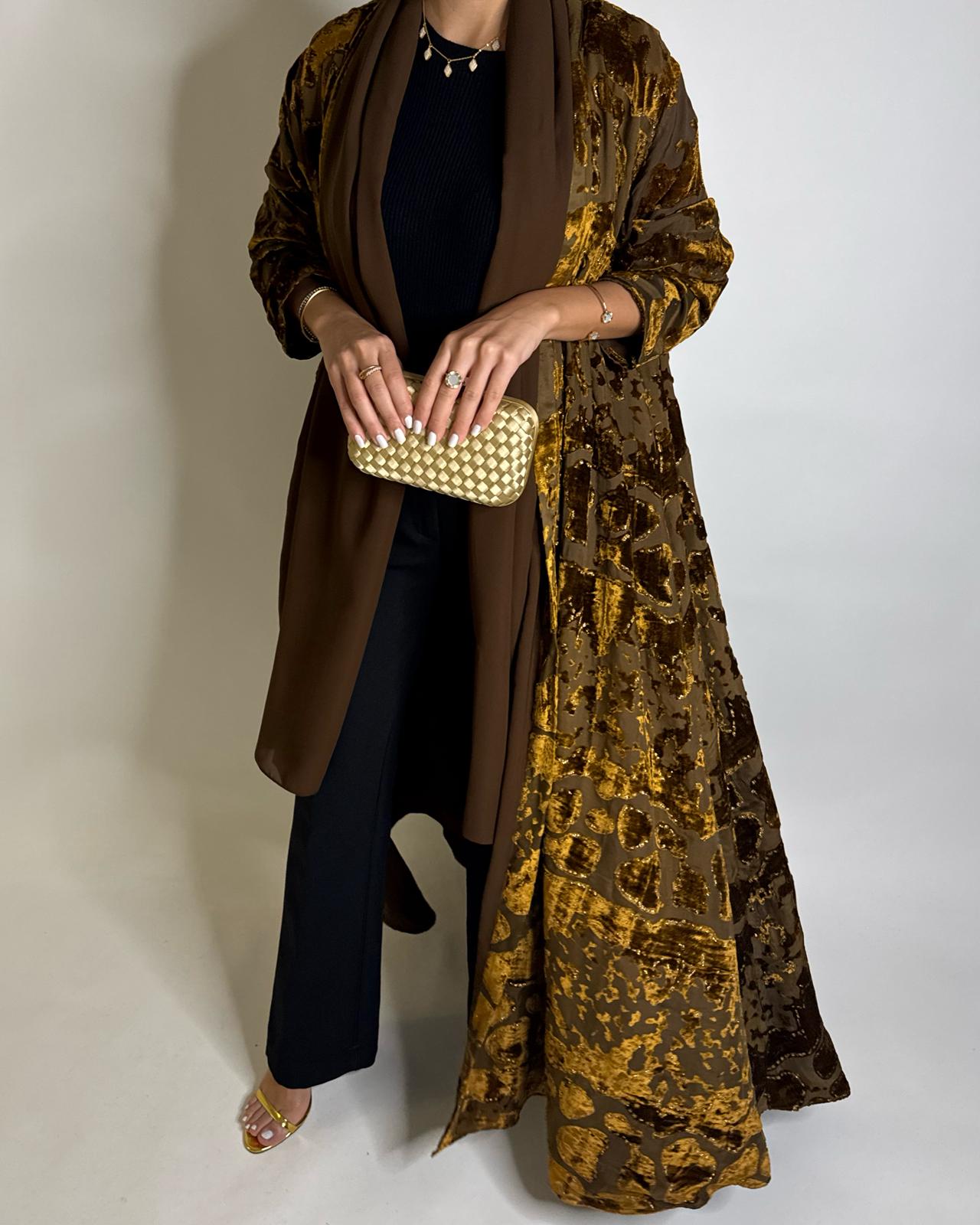 A503 - Brown/ Gold Velvet Pattern Abaya