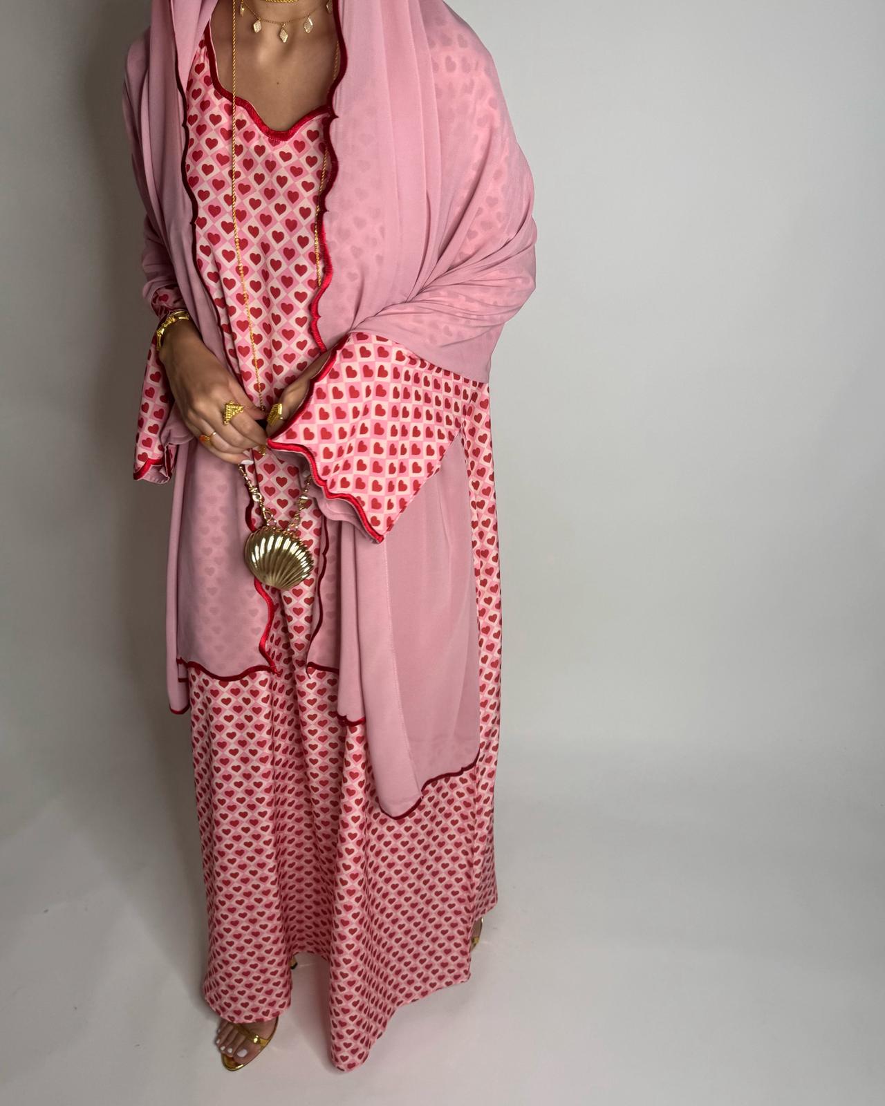 A510 - Pink & Red Heart Pattern Jalabiya and Head Scarf