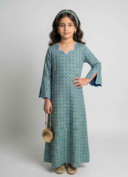 A554 - KIDS Blue & Green Heart Pattern Jalabiya & Head Band