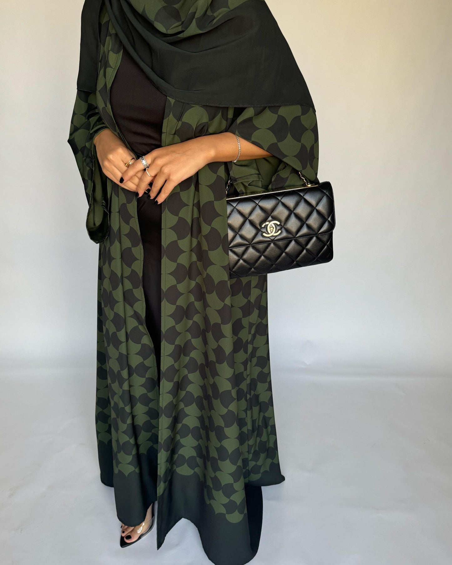 A280 - Shades of Olive Green Half Bisht Pattern Abaya & Matching Head Scarf