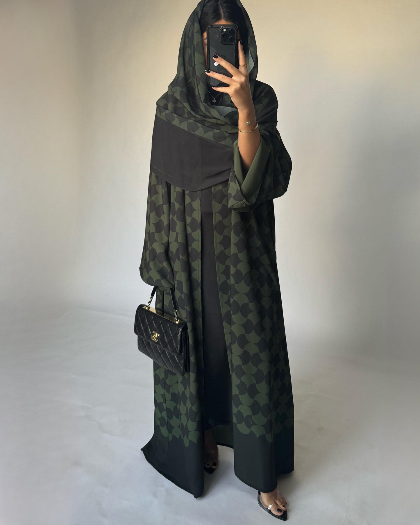 A280 - Shades of Olive Green Half Bisht Pattern Abaya & Matching Head Scarf