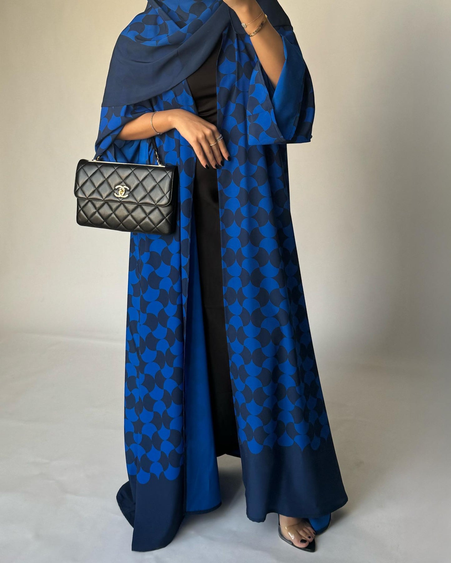 A278 - Shades of Blue Half Bisht Pattern Abaya & Matching Head Scarf (READY TO SHIP)