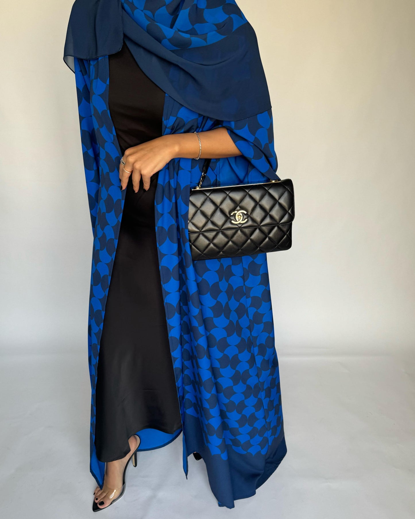 A278 - Shades of Blue Half Bisht Pattern Abaya & Matching Head Scarf (READY TO SHIP)