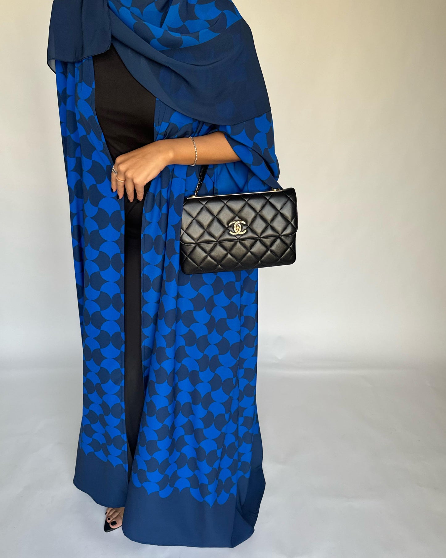 A278 - Shades of Blue Half Bisht Pattern Abaya & Matching Head Scarf (READY TO SHIP)