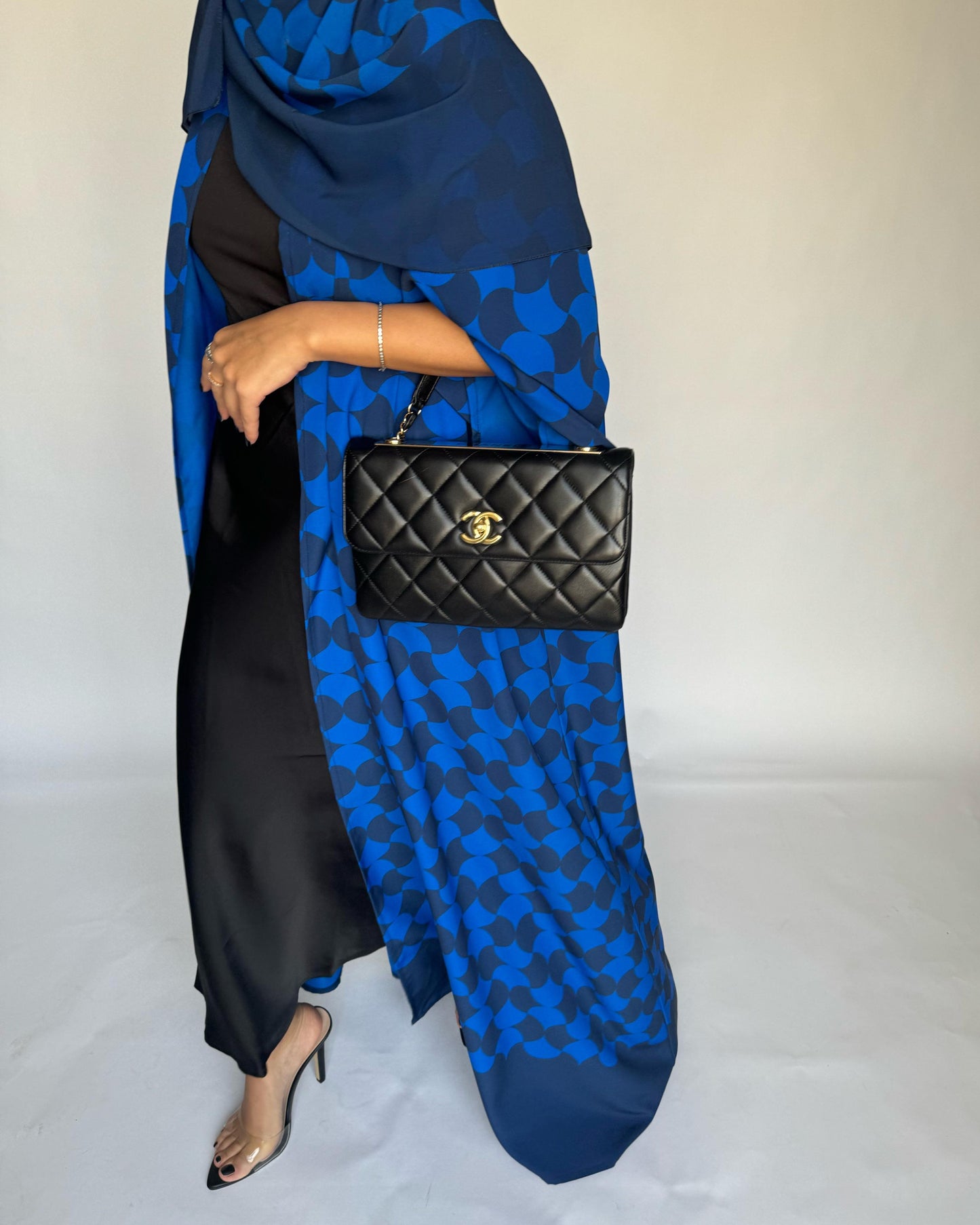 A278 - Shades of Blue Half Bisht Pattern Abaya & Matching Head Scarf (READY TO SHIP)