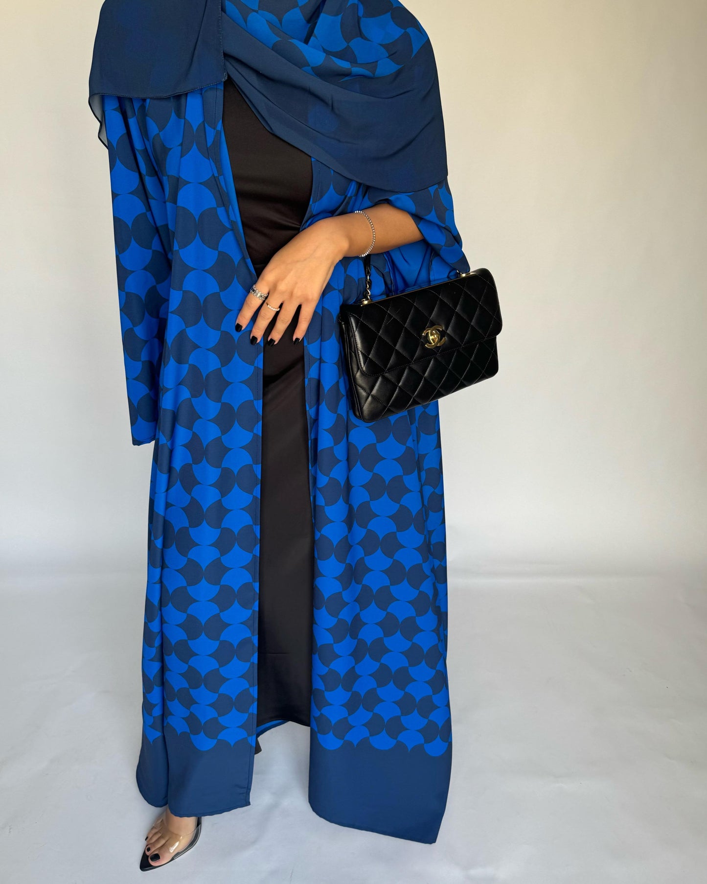 A278 - Shades of Blue Half Bisht Pattern Abaya & Matching Head Scarf (READY TO SHIP)