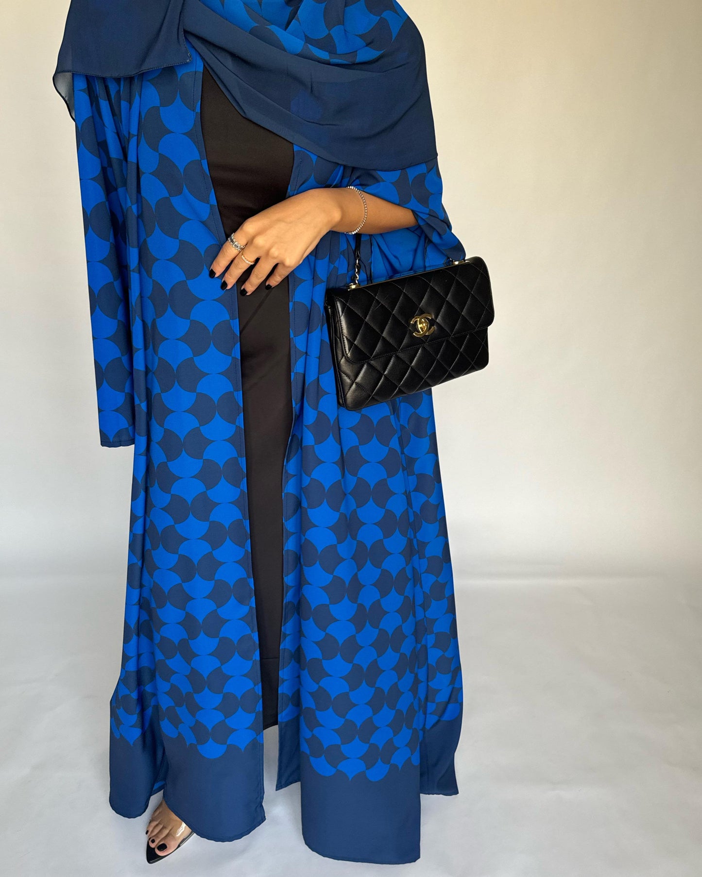 A278 - Shades of Blue Half Bisht Pattern Abaya & Matching Head Scarf (READY TO SHIP)