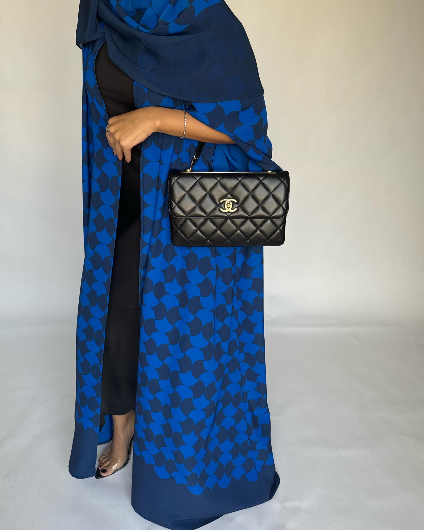 A278 - Shades of Blue Half Bisht Pattern Abaya & Matching Head Scarf (READY TO SHIP)