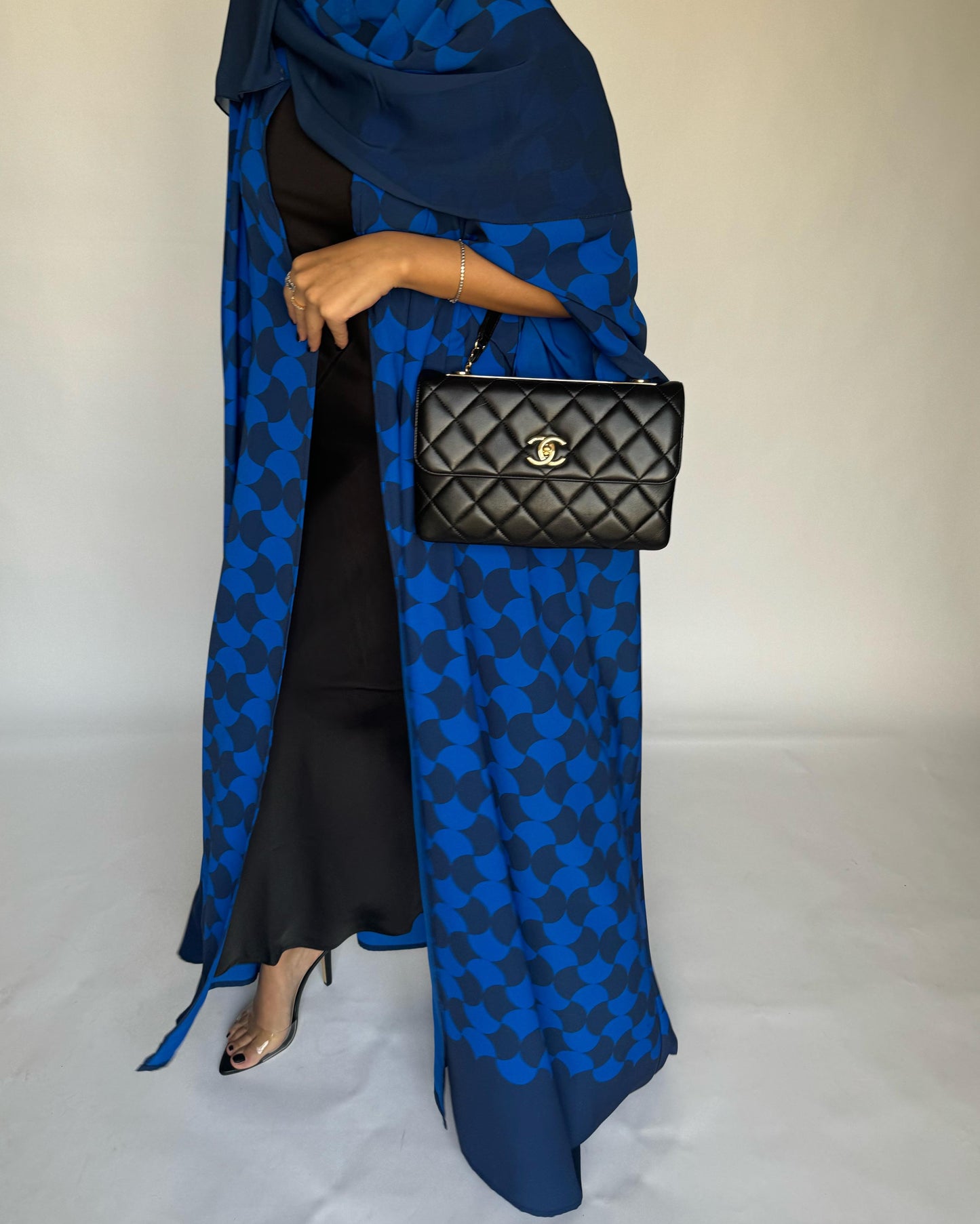 A278 - Shades of Blue Half Bisht Pattern Abaya & Matching Head Scarf (READY TO SHIP)