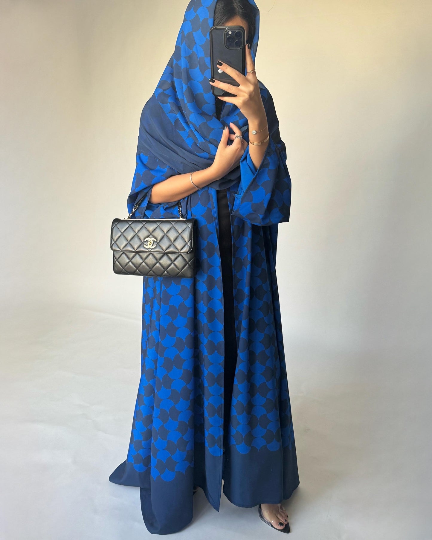 A278 - Shades of Blue Half Bisht Pattern Abaya & Matching Head Scarf (READY TO SHIP)
