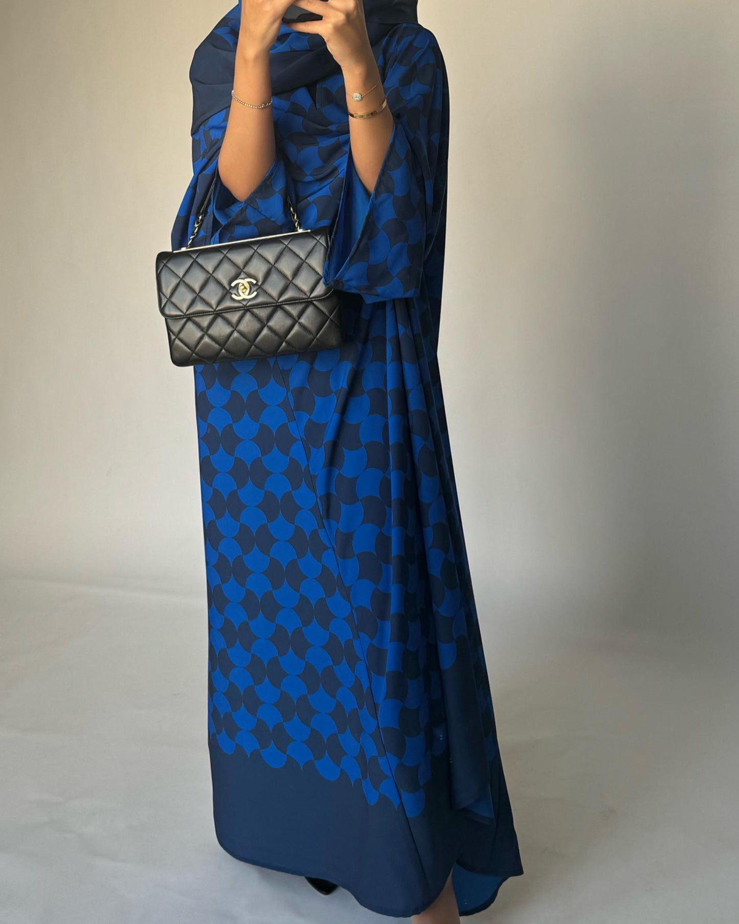 A278 - Shades of Blue Half Bisht Pattern Abaya & Matching Head Scarf (READY TO SHIP)