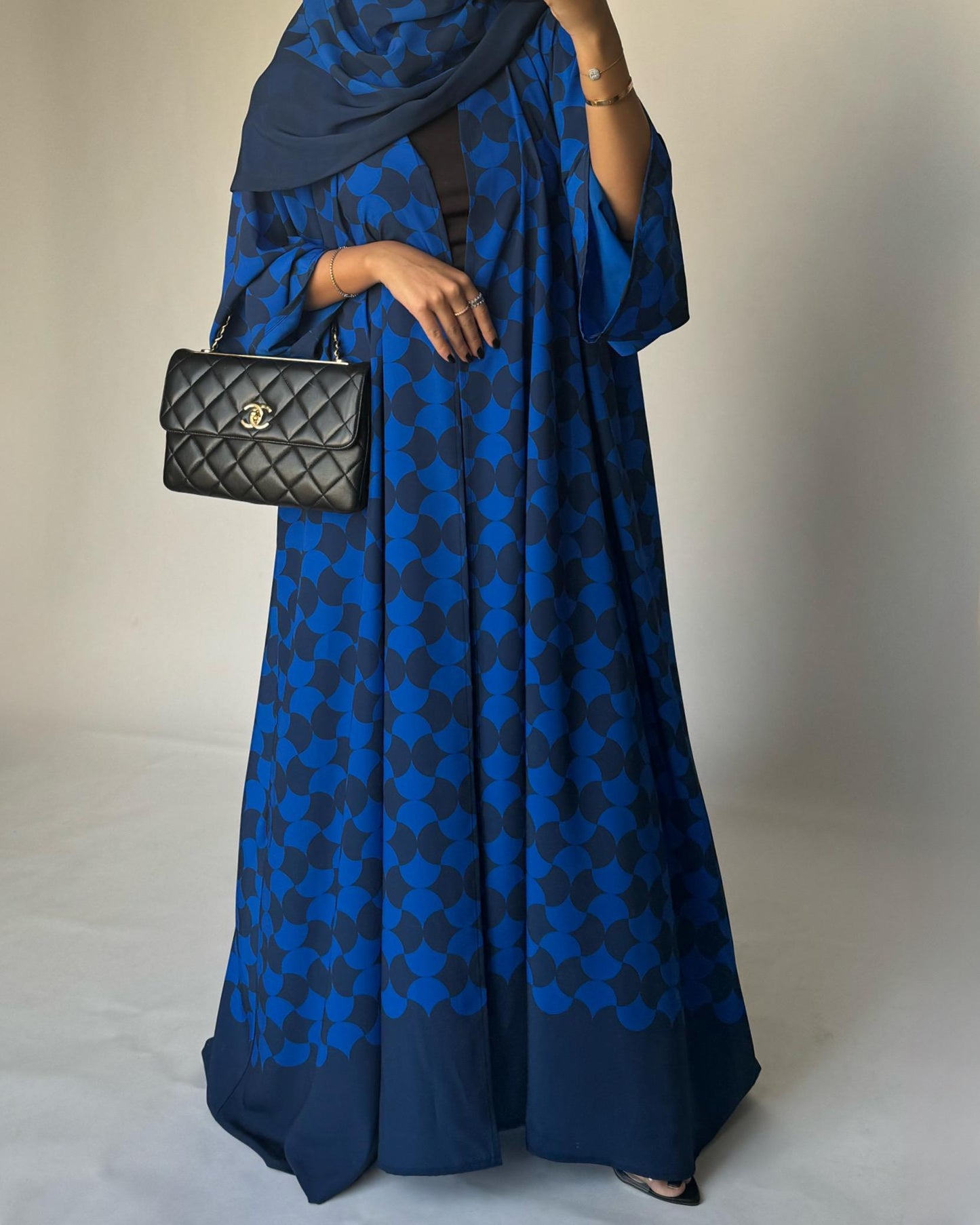 A278 - Shades of Blue Half Bisht Pattern Abaya & Matching Head Scarf (READY TO SHIP)