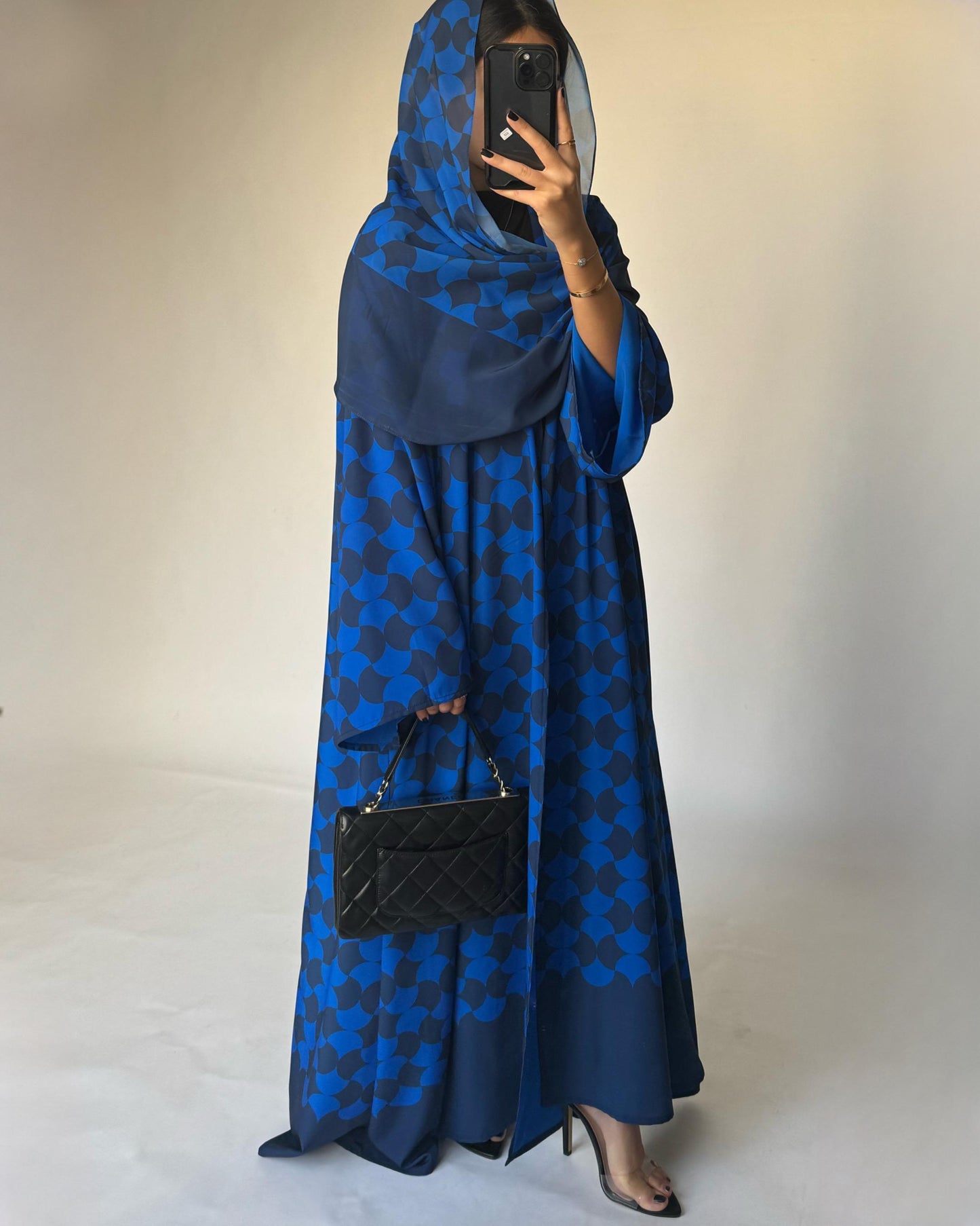 A278 - Shades of Blue Half Bisht Pattern Abaya & Matching Head Scarf (READY TO SHIP)