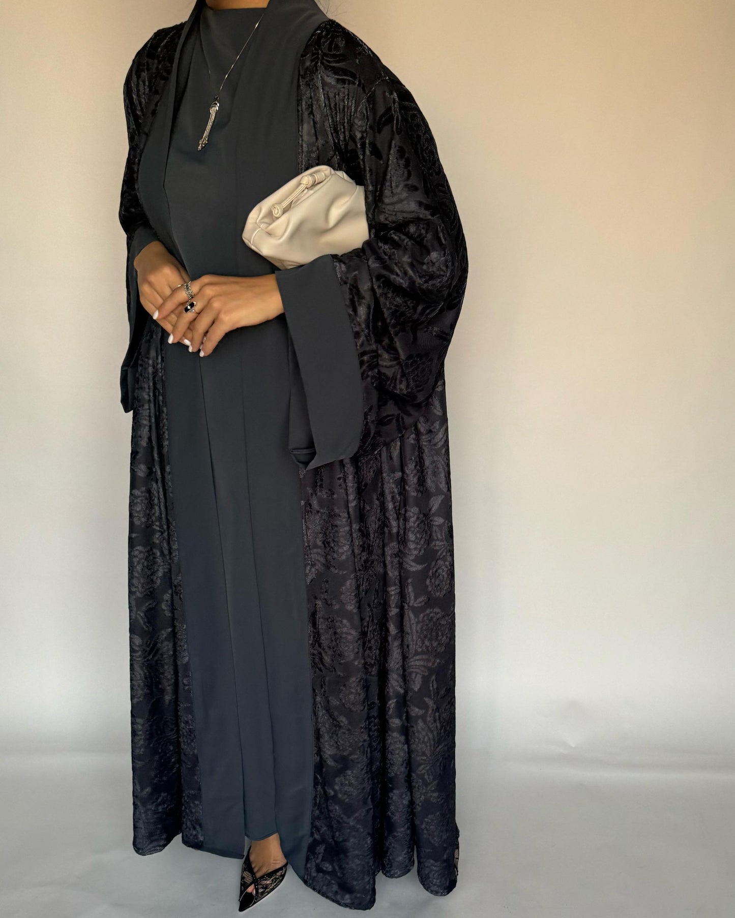 A297 - Grey Velvet Pattern A-Cut Abaya & Velvet Head Scarf (READY TO SHIP)