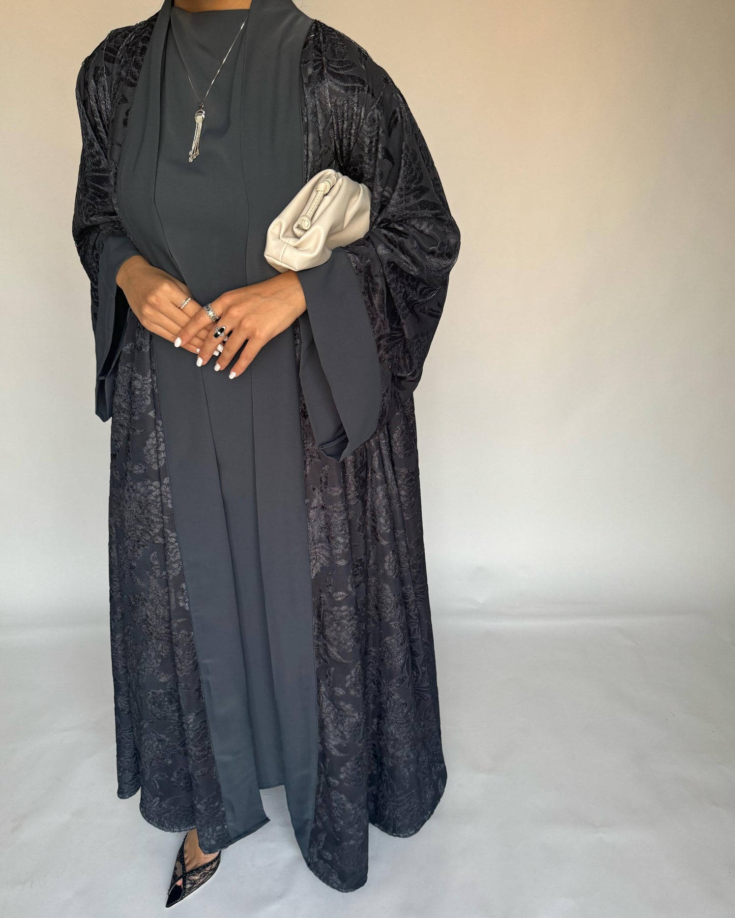 A297 - Grey Velvet Pattern A-Cut Abaya & Velvet Head Scarf (READY TO SHIP)