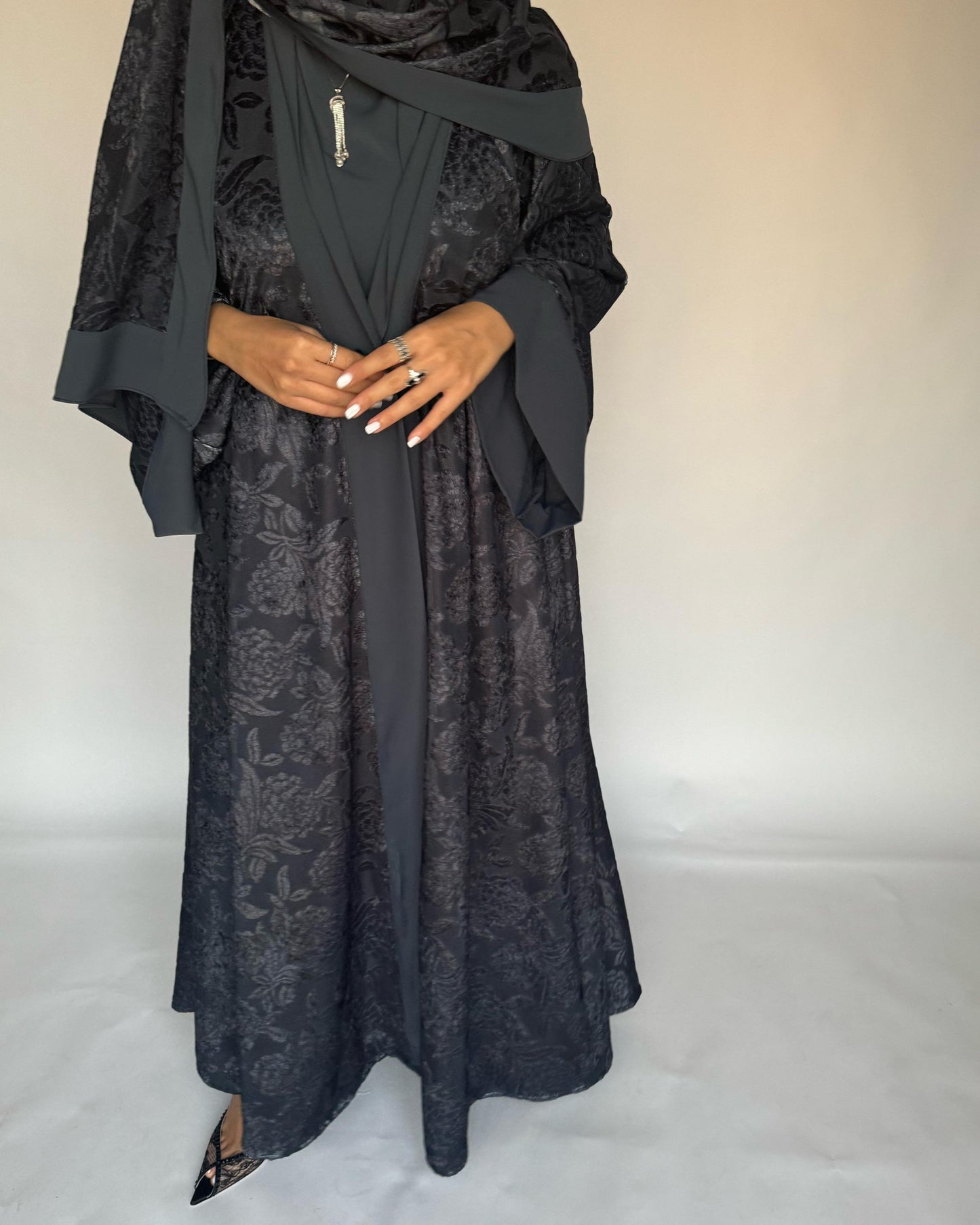 A297 - Grey Velvet Pattern A-Cut Abaya & Velvet Head Scarf (READY TO SHIP)
