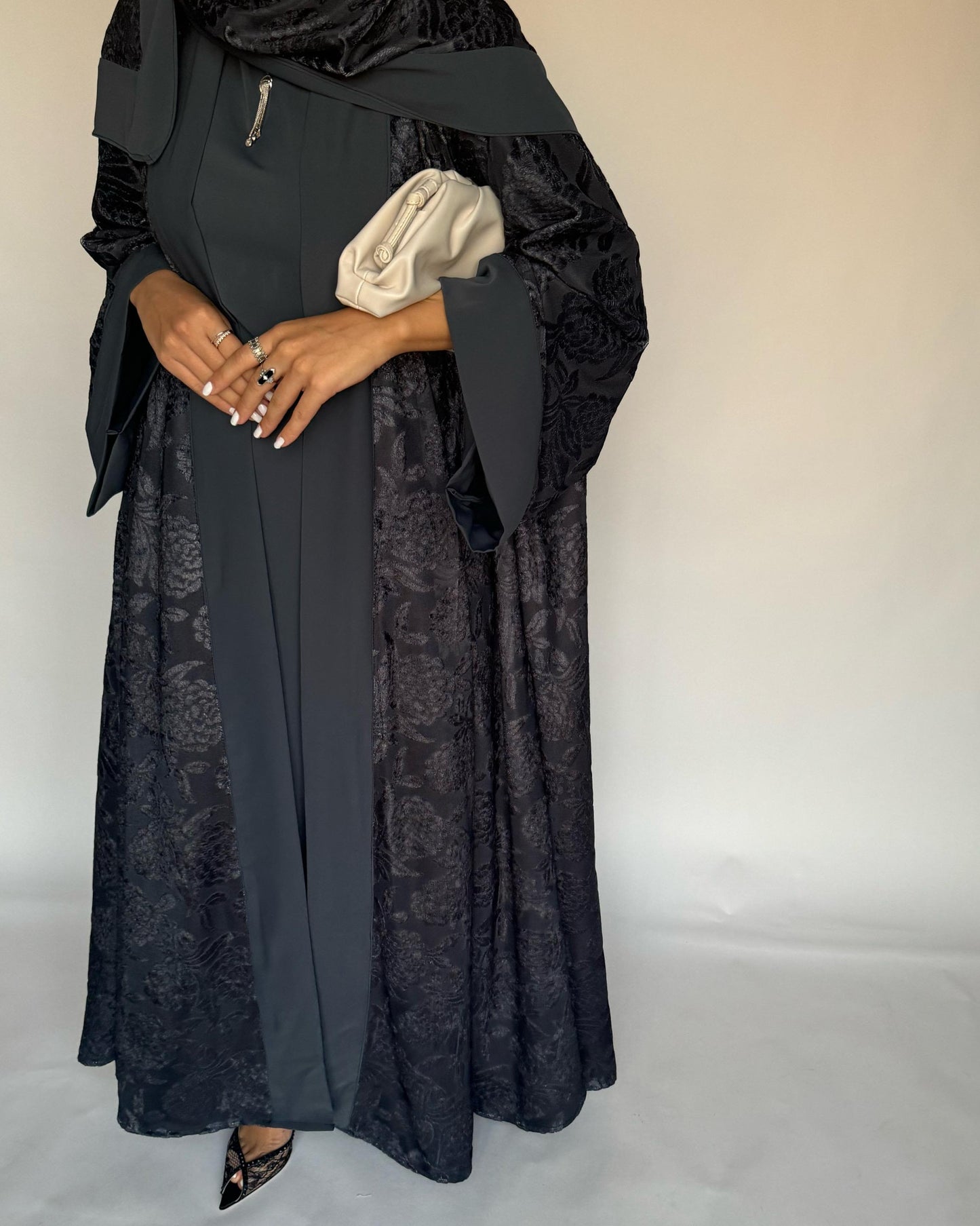 A297 - Grey Velvet Pattern A-Cut Abaya & Velvet Head Scarf (READY TO SHIP)