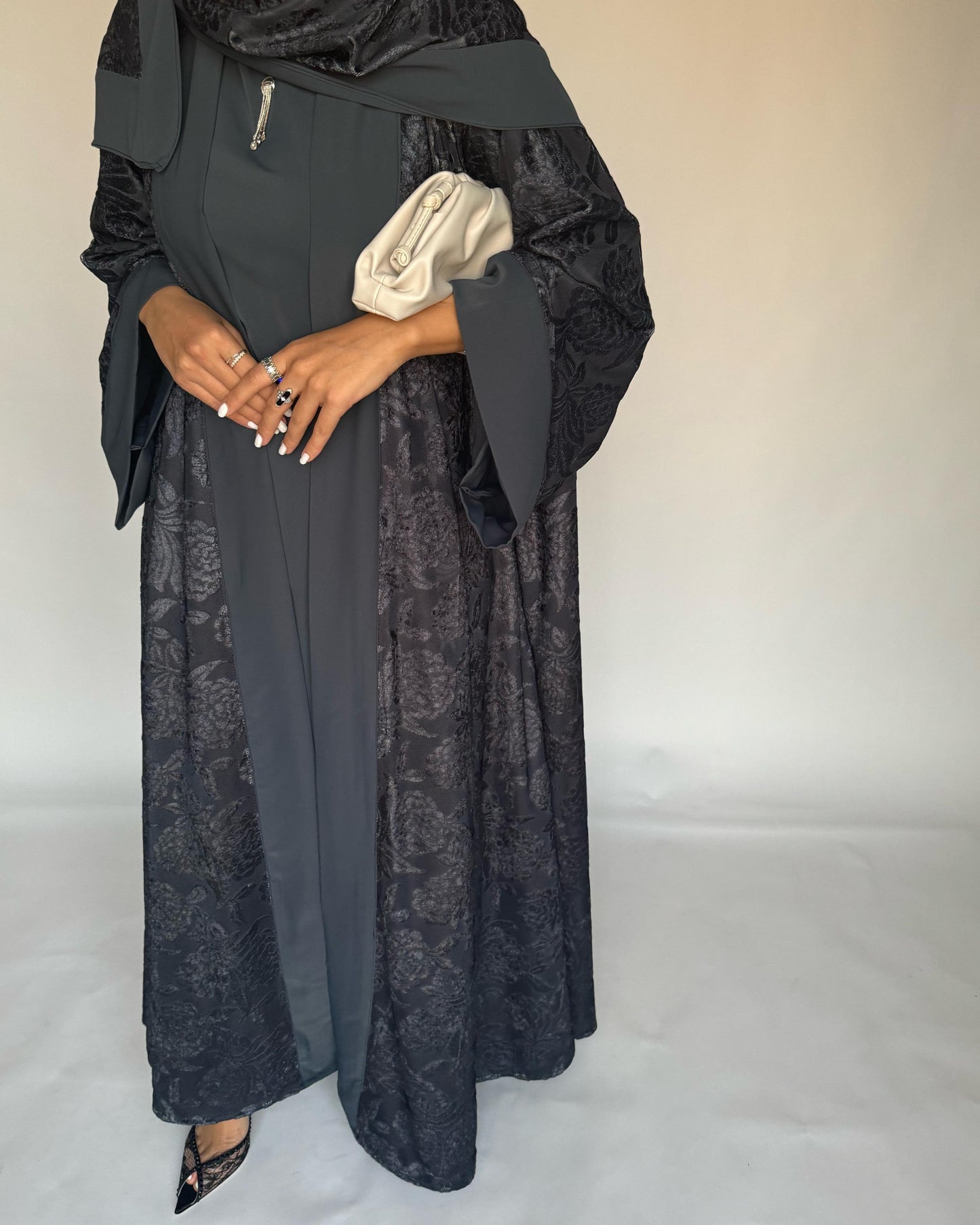 A297 - Grey Velvet Pattern A-Cut Abaya & Velvet Head Scarf (READY TO SHIP)