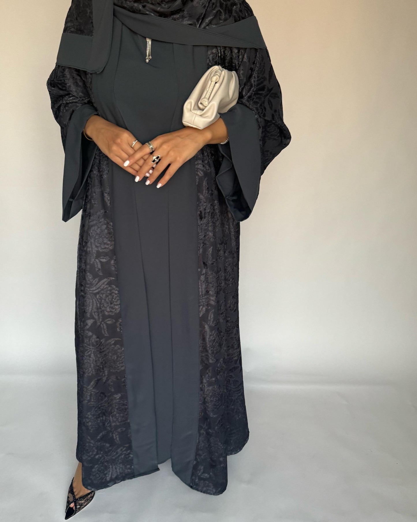 A297 - Grey Velvet Pattern A-Cut Abaya & Velvet Head Scarf (READY TO SHIP)