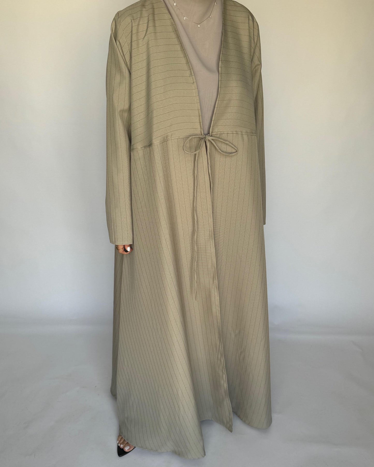 A317 - Striped Beige Daily Abaya, Dress & Head Scarf (READY TO SHIP)