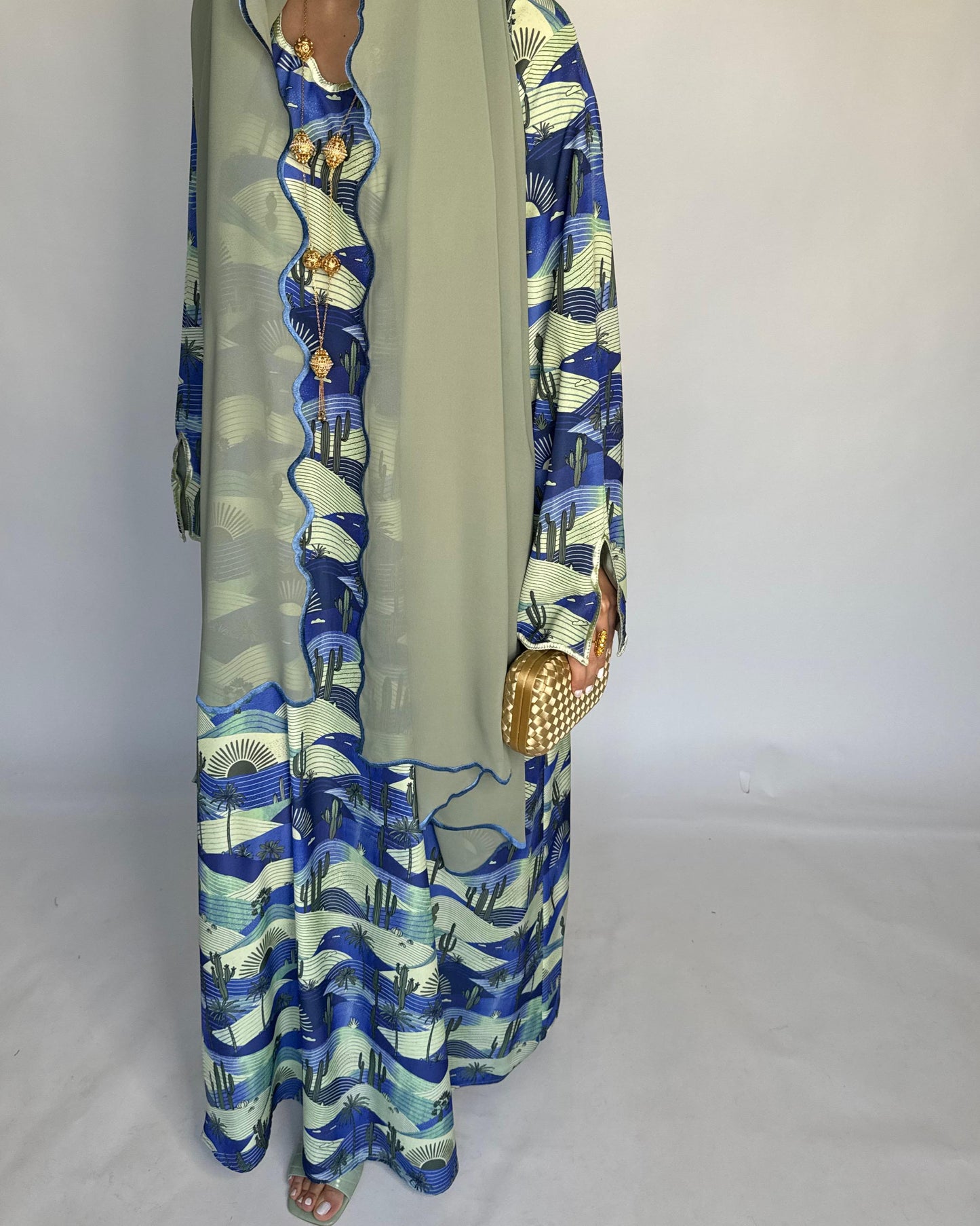 A327 - Blue & Green Cactus Pattern Jalabiya and Head Scarf