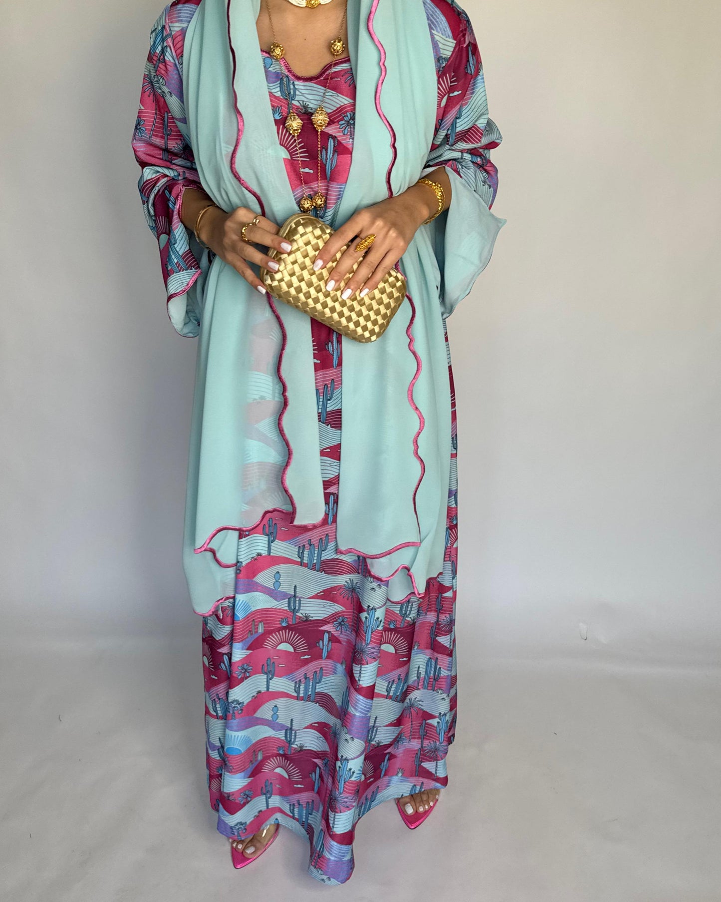 A326 - Baby Blue & Pink Cactus Pattern Jalabiya and Head Scarf