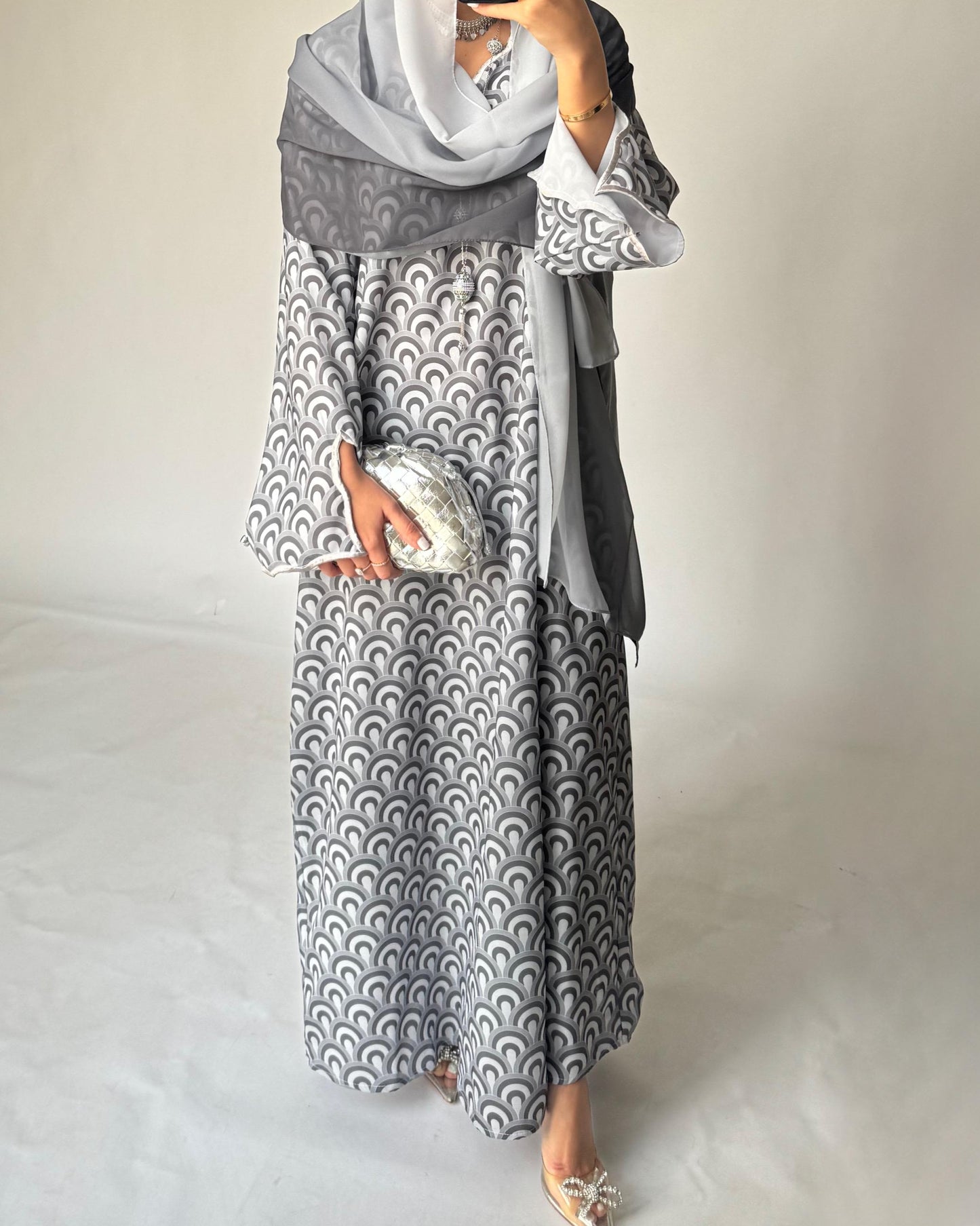 A334 - Shades of Grey Pattern Jalabiya and Ombre Head Scarf
