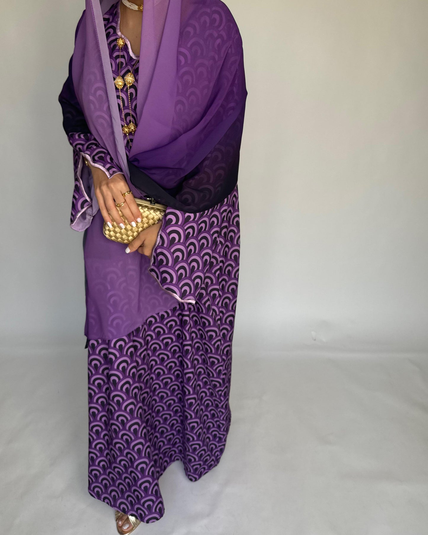A329 - Shades of Purple Pattern Jalabiya and Ombre Head Scarf