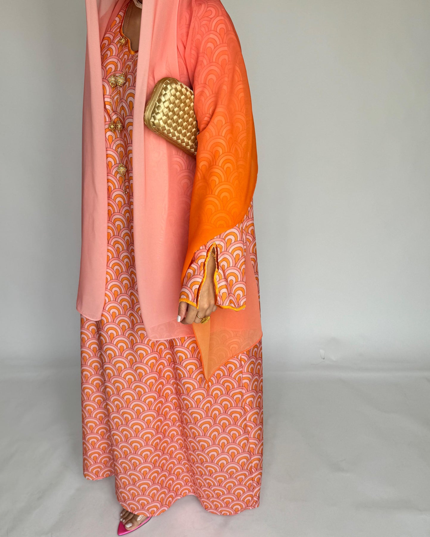 A333 - Pink & Orange Pattern Jalabiya and Ombre Head Scarf