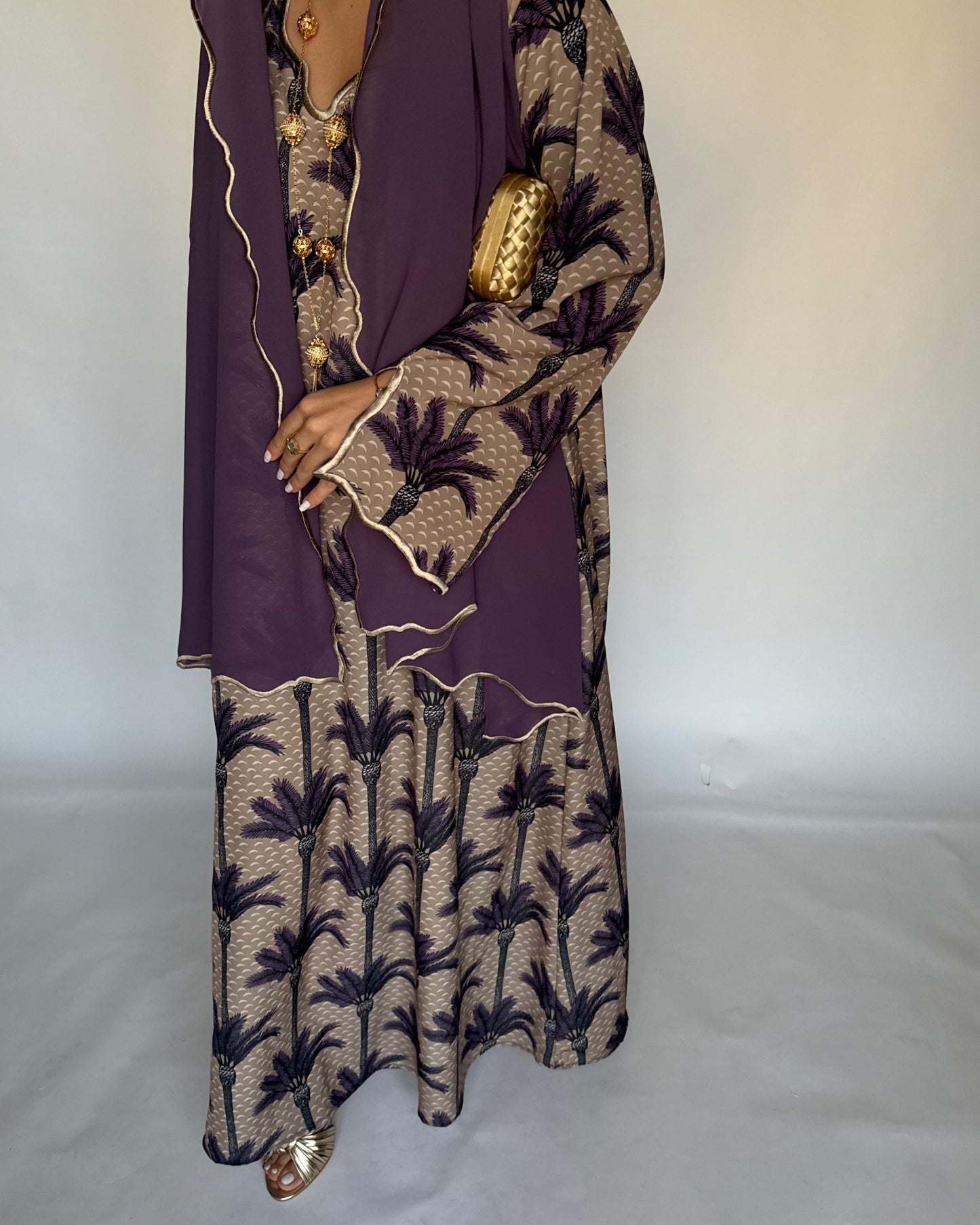 A343 - Dark Beige & Purple Palm Tree Pattern Jalabiya and Head Scarf