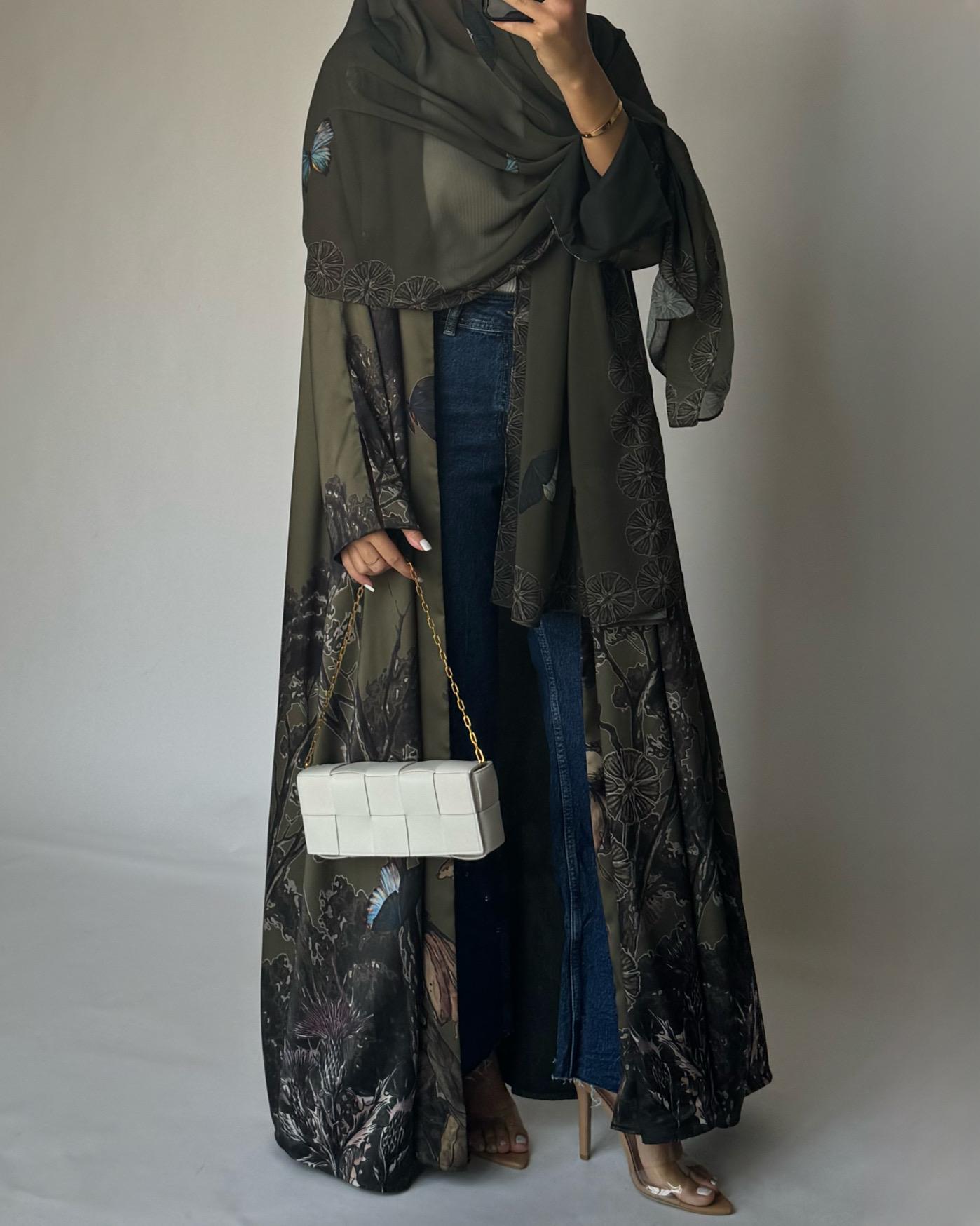 A389 - Green Butterfly Forest A-Cut Summery Abaya
