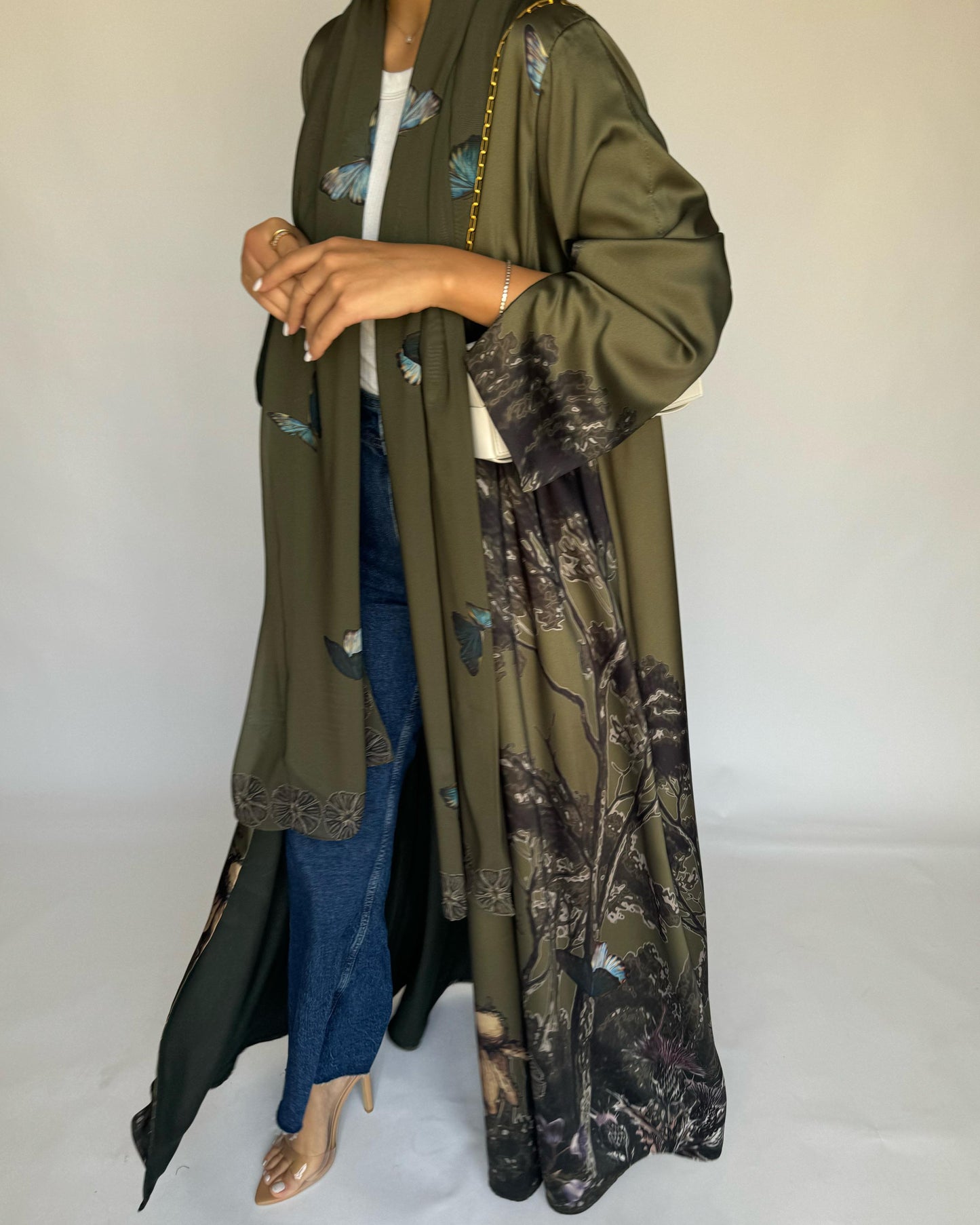 A389 - Green Butterfly Forest A-Cut Summery Abaya