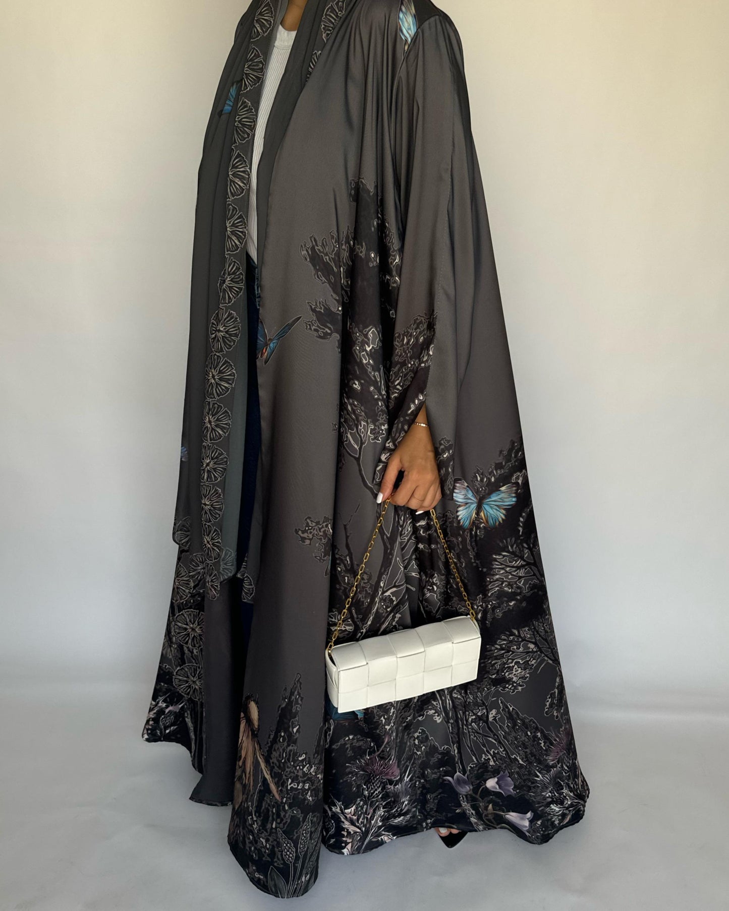 A387 - Gray Butterfly Forest A-Cut Summery Abaya