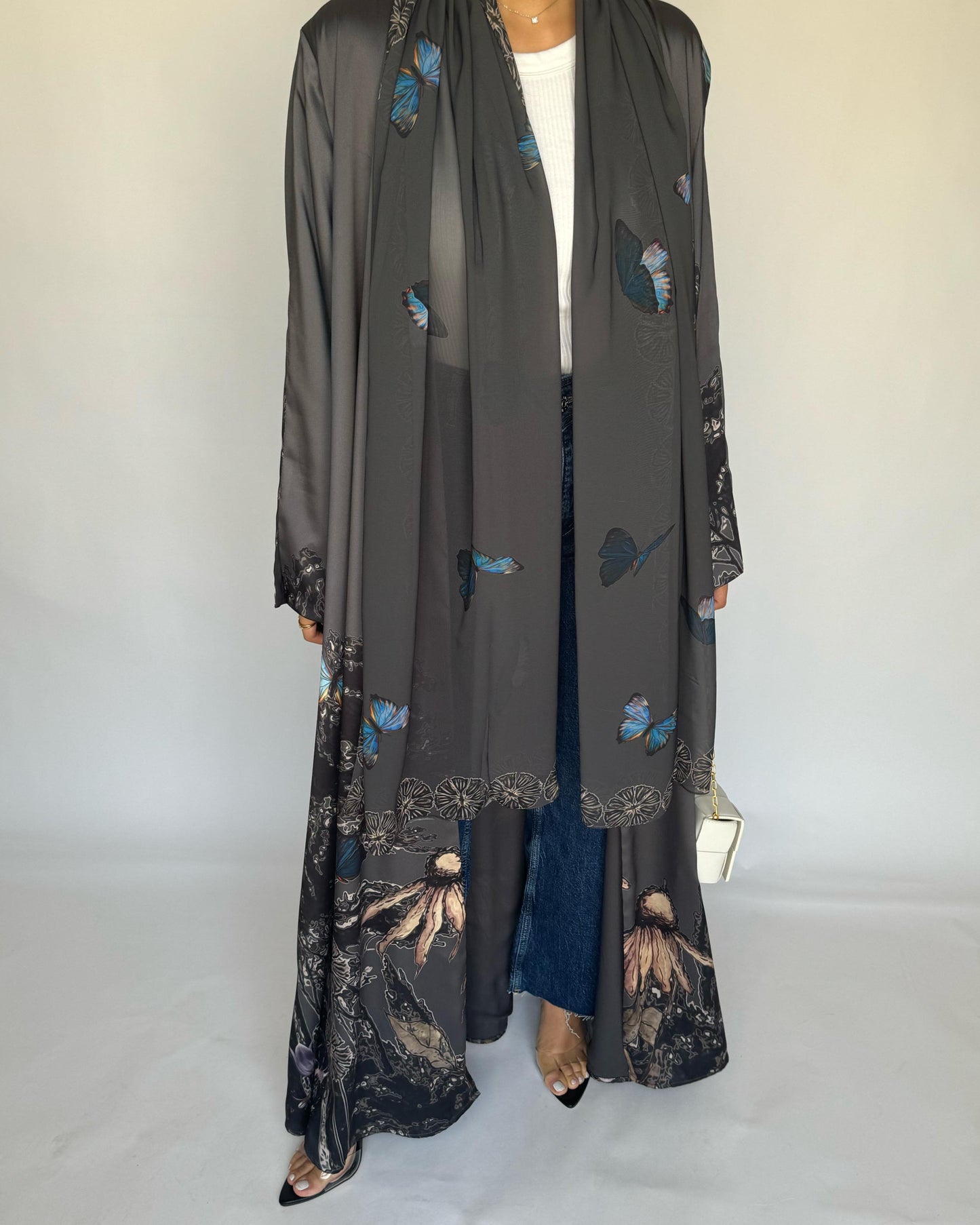 A387 - Gray Butterfly Forest A-Cut Summery Abaya